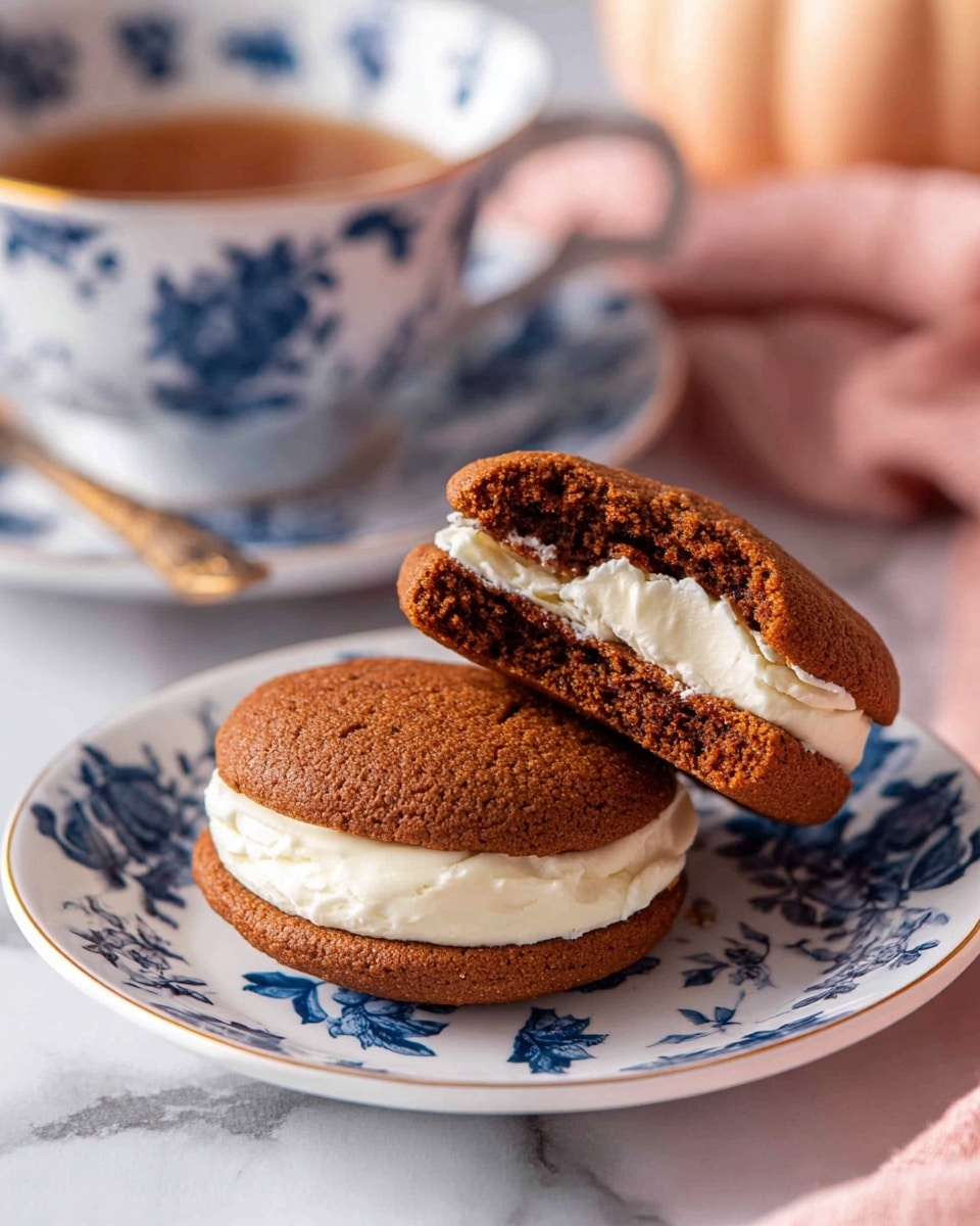 A close-up view of a two-layer cookie sandwich with a rich brown color, split open to show a thick middle layer of smooth white cream filling, placed on a white plate with blue floral and fruit patterns, sitting on a white marbled surface with a soft pink cloth nearby; in the background, a matching cup with brown liquid rests on a saucer of the same blue and white design. photo taken with an iphone --ar 4:5 --v 7