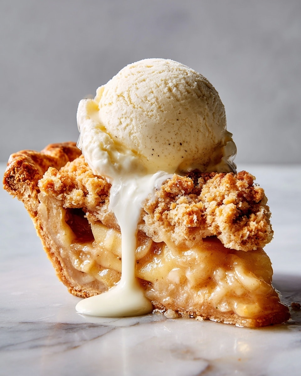 A slice of apple crumble pie is placed on a white plate, showing three layers: a light golden crust at the bottom, a thick middle layer of soft, sliced apples with a slightly translucent look, and a crumbly, golden brown topping made of coarse crumbs. On top of the slice, there is a round scoop of vanilla ice cream with visible tiny black specks. The slice has some crumbs scattered on the plate around it. Part of the whole pie in a clear glass pie dish is visible in the upper right corner, with the crumb topping matching the slice. The scene is set on a white marbled surface, and a few silver forks are placed near the bottom right. Photo taken with an iphone --ar 4:5 --v 7