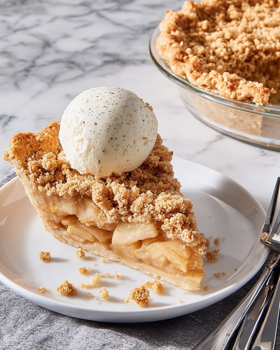 A single slice of apple crumble pie sits on a white marbled surface, showing three clear layers. The bottom layer is a thick, golden-brown crust with a slightly rough texture. Above that is a juicy apple filling, light amber in color, with visible soft apple pieces. The top layer is a crumbly, golden topping that looks crunchy and coarse. On top of the crumble sits a scoop of melting vanilla ice cream, creamy white with small black vanilla specks, slowly dripping down the side of the slice. The background is simple and light gray, putting full focus on the pie slice. Photo taken with an iphone --ar 4:5 --v 7