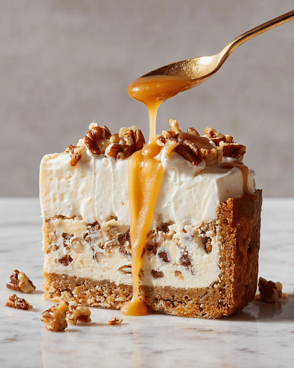 A round cheesecake is shown with three slices taken out, sitting on a dark round pan placed on a white marbled surface. The cheesecake has three visible layers: a light brown crumbly crust at the bottom, a smooth creamy pale yellow middle layer with small darker specks in it, and a fluffy white whipped cream layer spread unevenly on top. Over the whipped cream and cheesecake are drizzles of golden syrup and scattered pieces of pecan nuts. Crumbs and nut pieces are scattered around the pan on the white marbled surface. photo taken with an iphone --ar 4:5 --v 7