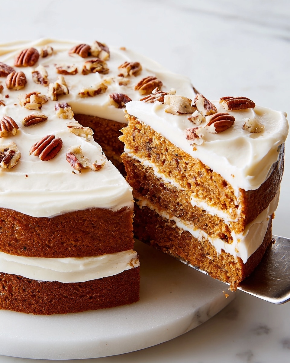 A round cake is shown with one slice removed and placed lying down beside it on a white marble surface. The cake has two layers: a thick, dark brown base layer that looks dense and moist, and a golden yellow top layer that is smooth and creamy. Both the whole cake and the slice lying down are drizzled with a shiny caramel sauce in diagonal lines, which adds a glossy texture. The slice that is still standing shows the rich thickness of both layers clearly. The background is a white marbled texture. photo taken with an iphone --ar 4:5 --v 7