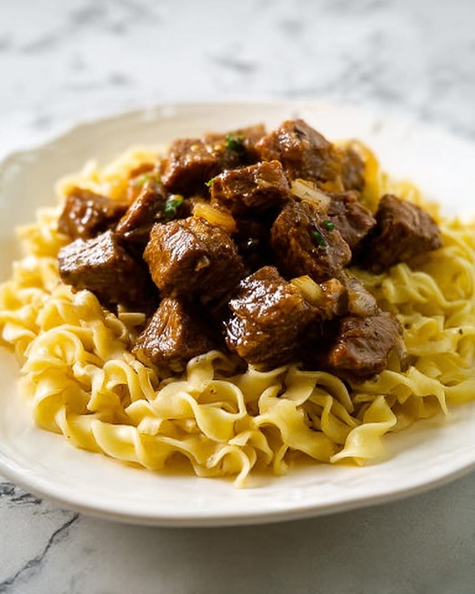 The image shows a white plate with two main layers. The bottom layer is light yellow egg noodles with a soft texture, spread out evenly to cover the plate. On top, there are dark brown chunks of cooked meat with a slightly shiny surface, piled in the middle of the noodles. The background is a white marbled surface, and the lighting highlights the colors and textures of the dish clearly. photo taken with an iphone --ar 4:5 --v 7