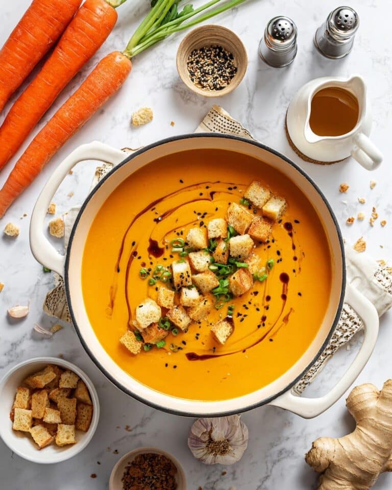 Creamy Carrot Ginger Soup with Crispy Garlic and Sesame Croutons Recipe