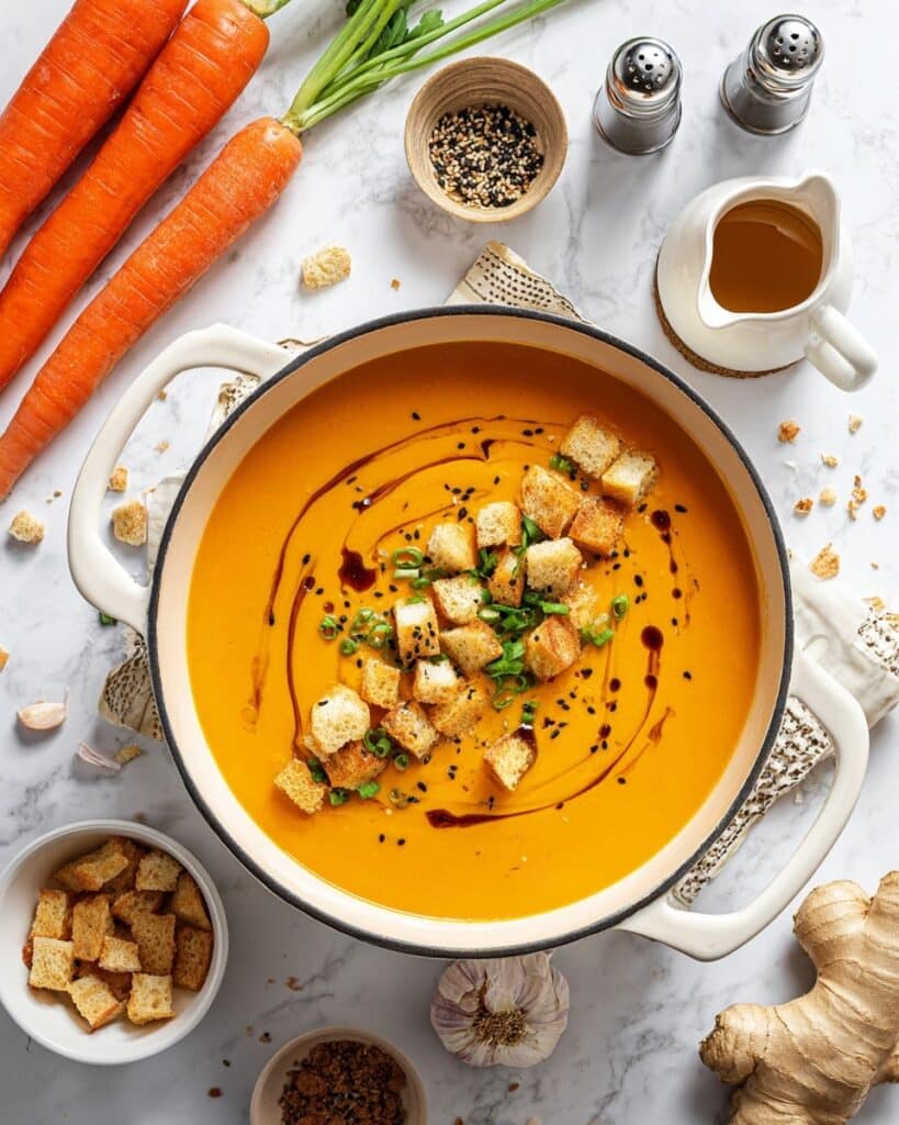 Creamy Carrot Ginger Soup with Crispy Garlic and Sesame Croutons Recipe