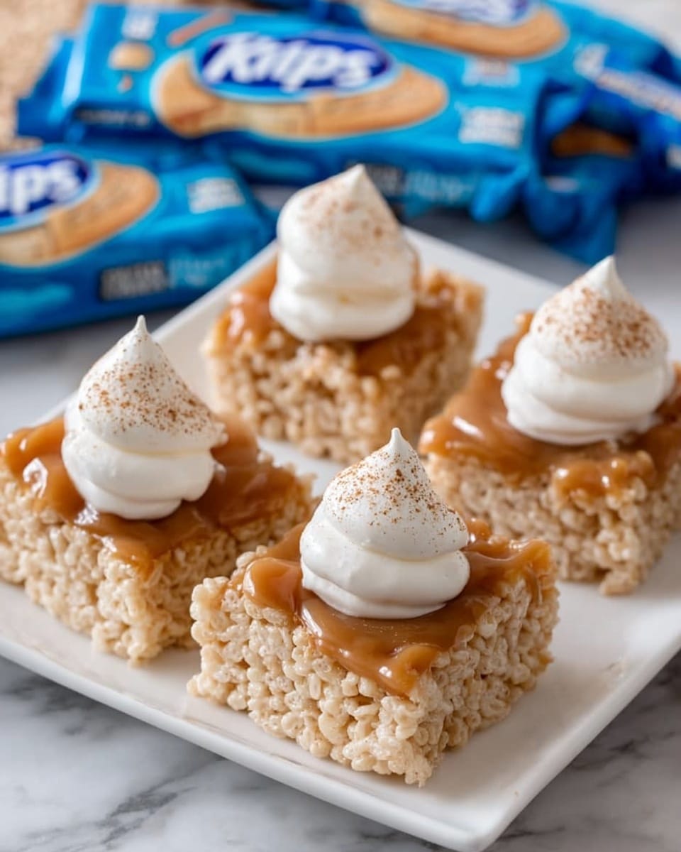 The image shows four square Rice Krispies Treats placed on a white rectangular plate on a white marbled surface. Each treat has a light brown caramel-like layer spread unevenly on top, giving a shiny and thick texture. On top of the caramel, there is a small dollop of white whipped cream, slightly swirled and dollop-shaped, with a light dusting of brown powder, possibly cinnamon, adding detail. In the background, there are several blue and white packaged Rice Krispies Treats in soft focus. Photo taken with an iphone --ar 4:5 --v 7