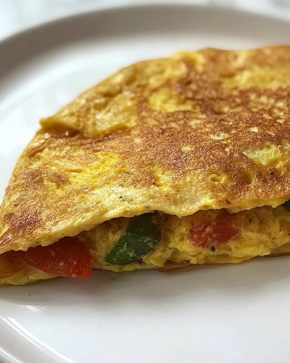 A white plate with a folded omelette placed slightly off-center, showing a golden brown cooked outer layer with some darker spots from cooking. The omelette has two visible layers, the top layer smooth and slightly shiny yellow with brown specks, and the inside layer filled with diced vegetables including green and red pieces, visible at the open edge. The texture of the omelette is soft with slight crispiness on the cooked surface, and small bits of filling spilling out onto the white plate. The background is a white marbled surface. photo taken with an iphone --ar 4:5 --v 6.1