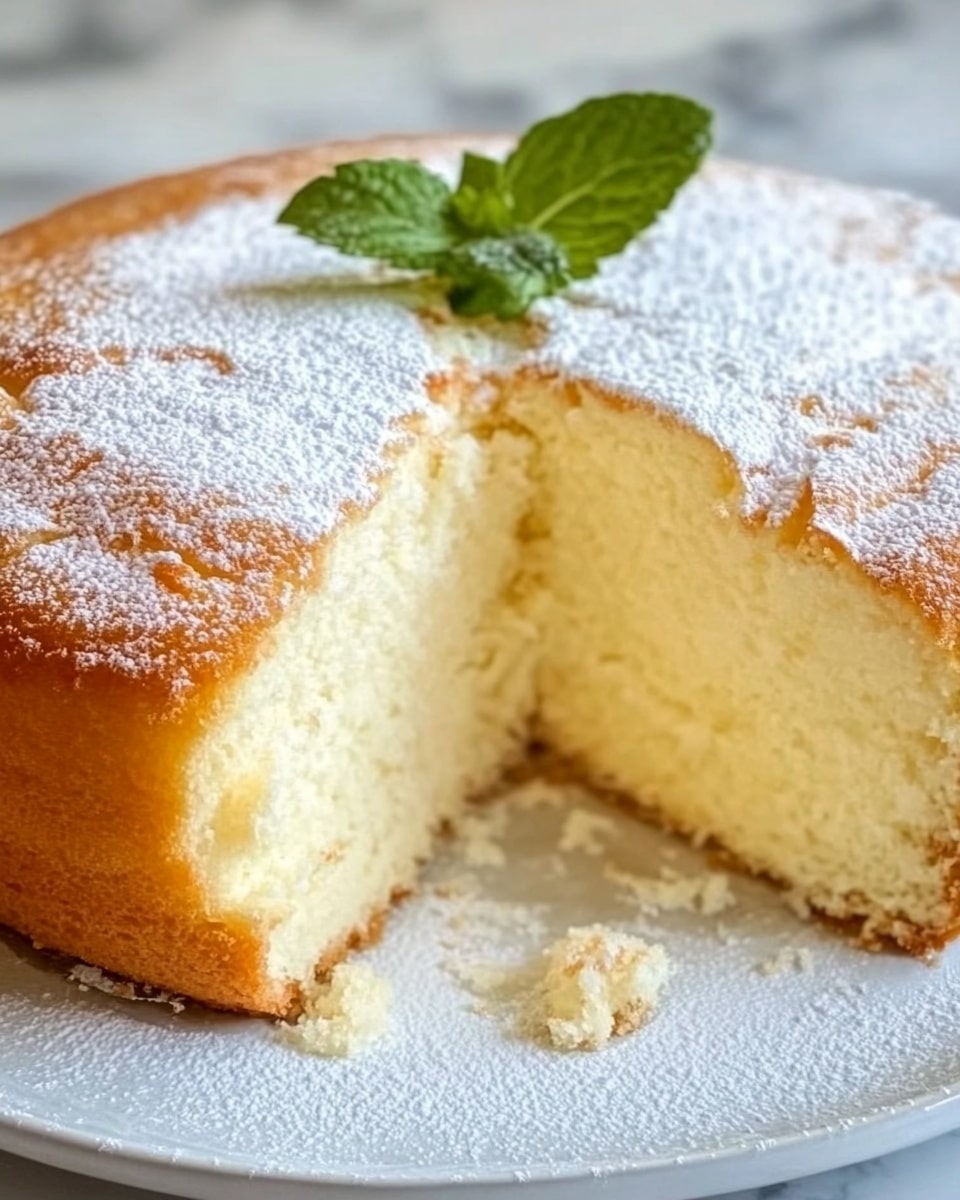 The image shows a three-layered creamy dessert on a white plate placed on a white marbled surface. The bottom layer is thick and pale yellow with a smooth texture. The middle layer is lighter yellow, fluffy, and soft, with a slightly airy look. The top layer is a thin, golden-brown crust with a light dusting of powdered sugar. A small fresh green leaf rests on top of the crust. Part of the dessert is scooped out, revealing the inside layers clearly. Photo taken with an iphone --ar 4:5 --v 6.1