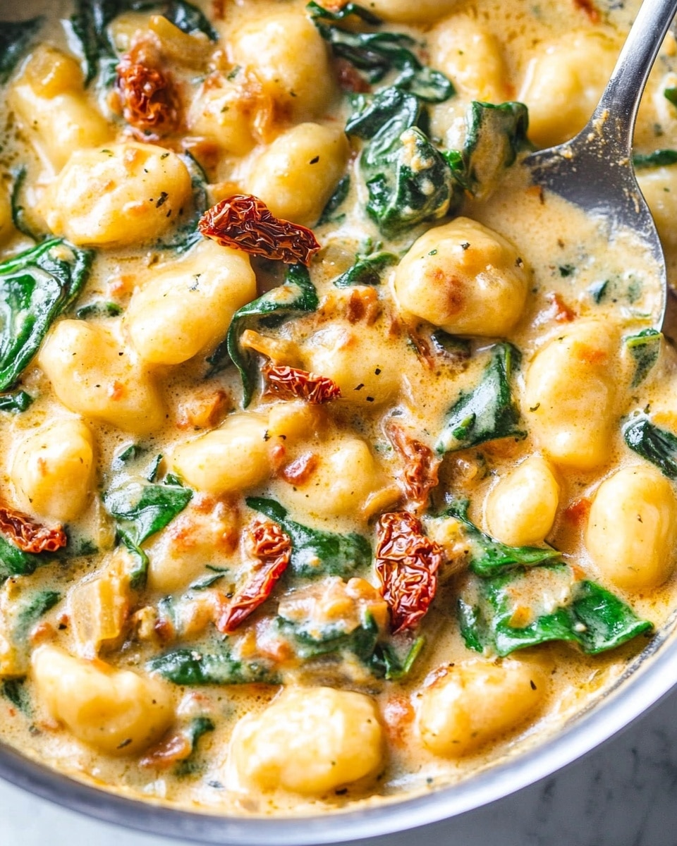 This dish shows soft gnocchi covered in a creamy light orange sauce, mixed with bright green spinach leaves and pieces of dark red sun-dried tomatoes. The sauce looks thick and coats each gnocchi and greens evenly, with some steam rising from it. The texture varies with the soft gnocchi, smooth sauce, and wilted yet fresh spinach. The food is in a pan with the sauce clinging to its edges, and a metal spoon is partially visible on the right side. The background is a white marbled texture. photo taken with an iphone --ar 4:5 --v 6.1