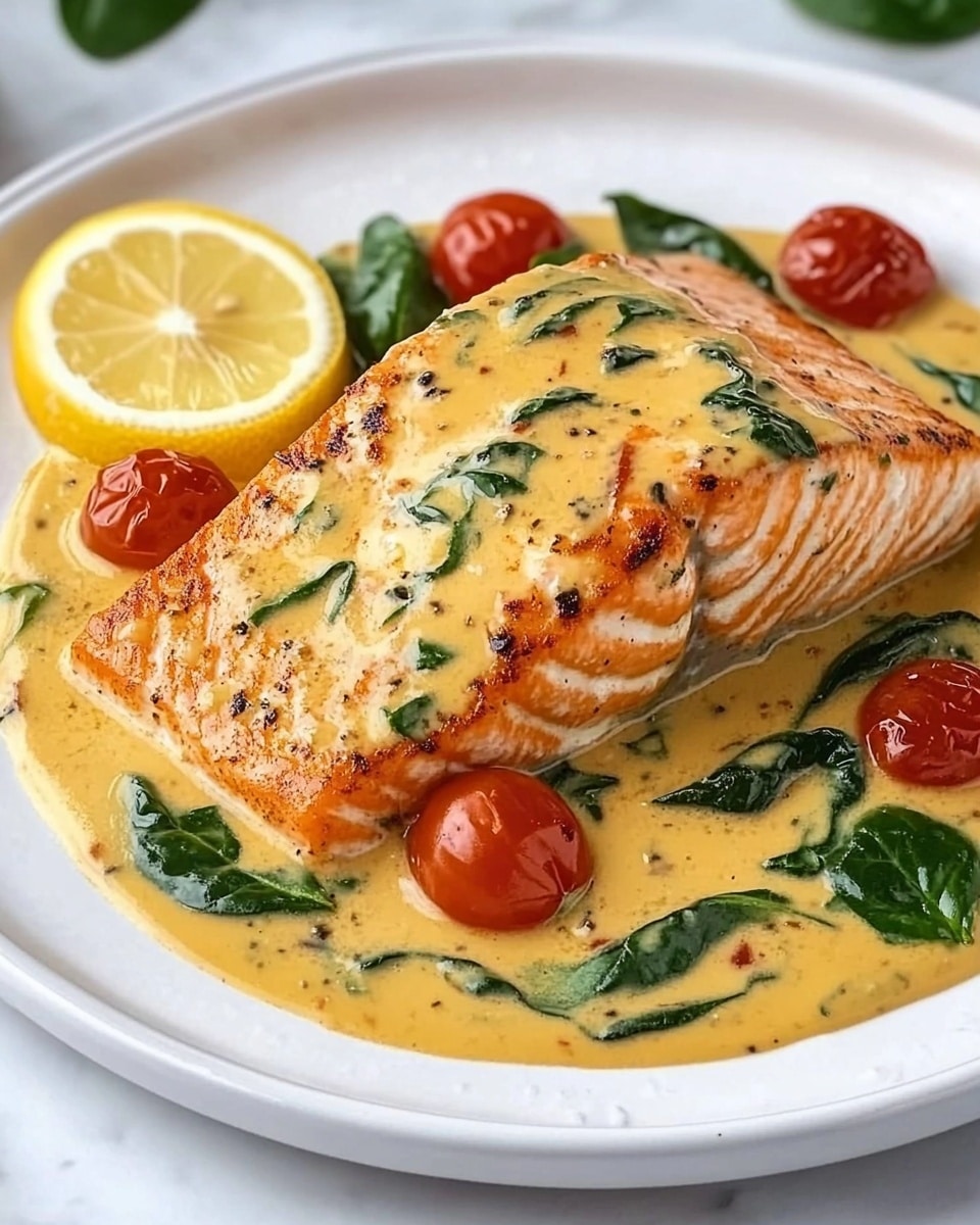 A thick white plate holds a cooked salmon fillet with a slightly browned top showing some herbs and spices. Around the salmon is a creamy, rich yellow-orange sauce filled with bright red cherry tomatoes and green spinach leaves. On the left side of the salmon, there is a fresh lemon slice resting in the sauce. The plate sits on a white marbled surface. photo taken with an iphone --ar 4:5 --v 6.1