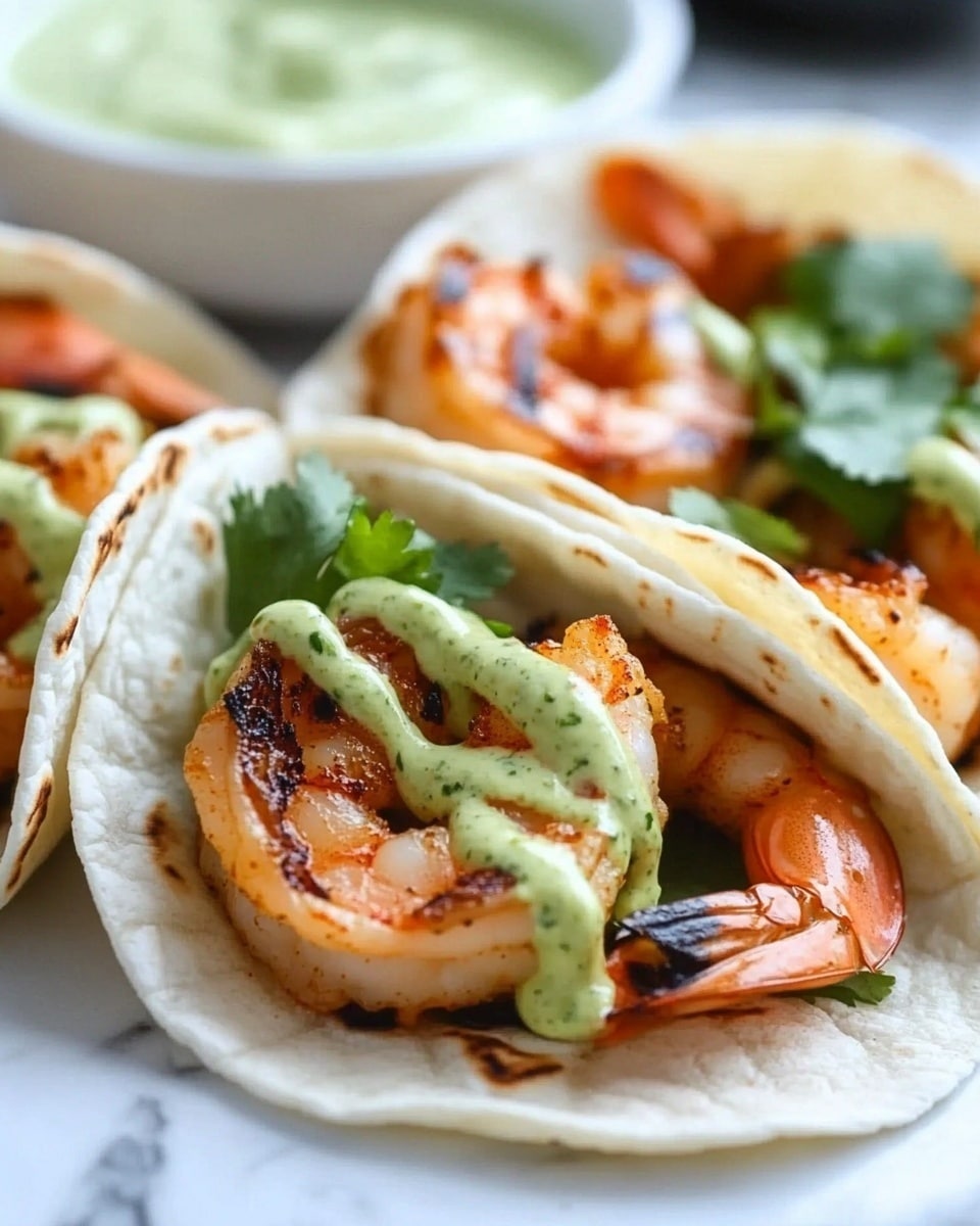 The image shows three soft white tortillas arranged side by side on a white marbled surface. Each tortilla holds a layer of grilled shrimp that is golden brown with a slight char, topped with fresh green cilantro leaves. Over the shrimp and cilantro, there is a drizzle of light green creamy sauce, spread in a zigzag pattern. In the background, there is a blurred view of more shrimp tacos and a small white bowl of creamy yellow sauce. The photo has a close-up focus on the front tacos, showing detailed texture on the shrimp and tortillas. Photo taken with an iphone --ar 4:5 --v 6.1