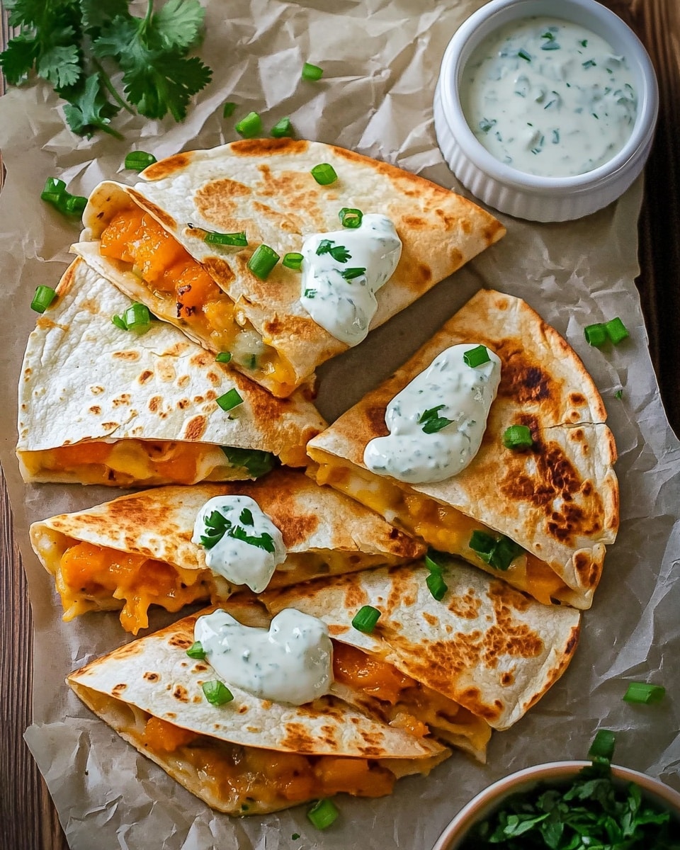 Four folded quesadillas are placed on crumpled brown paper over a dark wooden surface changed to a white marbled texture. Each quesadilla is golden brown and stuffed with bright orange chunks and melted yellow cheese visible inside. On top of each quesadilla, there is a dollop of white creamy sauce with green herb specks, garnished with fresh green cilantro leaves. Around the quesadillas, chopped green onions are scattered. A small white bowl filled with more white creamy sauce and a small bowl filled with fresh green cilantro leaves sit beside the quesadillas. photo taken with an iphone --ar 4:5 --v 6.1