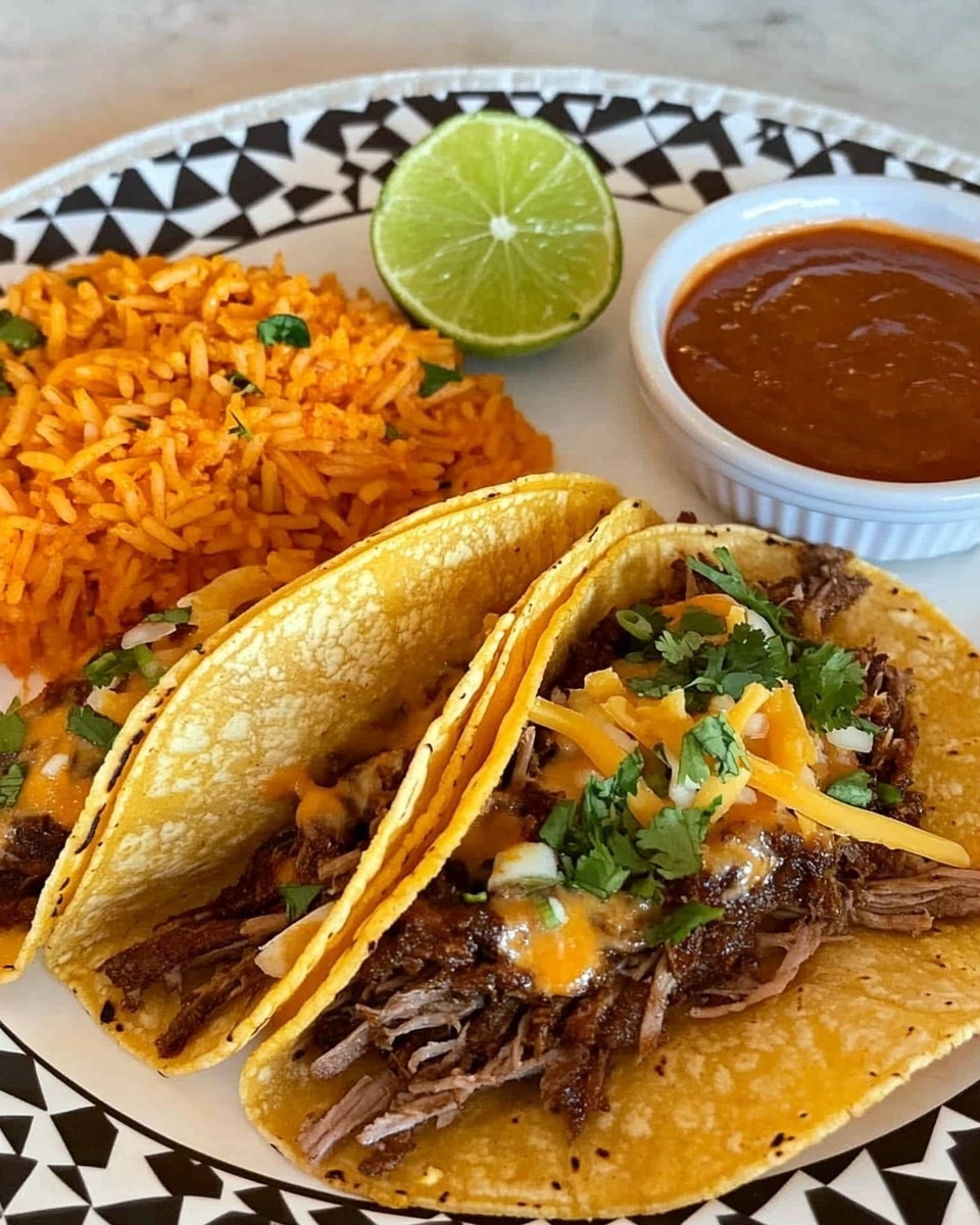 A white plate with a black and white checkered pattern holds a meal of two folded golden brown tacos filled with shredded beef and melted cheese, placed on the lower right side. To the upper left of the tacos, there is a serving of orange Mexican rice mixed with small bits of green herbs. Positioned near the top center-right is a small white ramekin filled with dark red dipping sauce, and right beside it, a bright green lime wedge rests. The plate sits on a surface with a white marbled texture. photo taken with an iphone --ar 4:5 --v 6.1