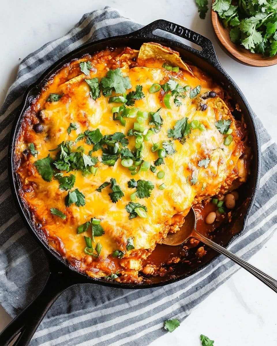 The dish is a baked casserole served in a black cast iron pan placed on a gray striped cloth on a white marbled surface. The casserole has multiple layers, starting with a base layer of soft tortillas followed by a rich, deep reddish-orange sauce with visible beans and bits beneath. On top of the sauce, there is a thick layer of melted cheese that is golden and slightly browned in some spots. The top is garnished with chopped fresh green onions and cilantro leaves scattered evenly across the surface. A silver spoon is partially inserted into the casserole, revealing the layers inside. There is also a small wooden bowl of fresh cilantro nearby on the right side. photo taken with an iphone --ar 4:5 --v 6.1