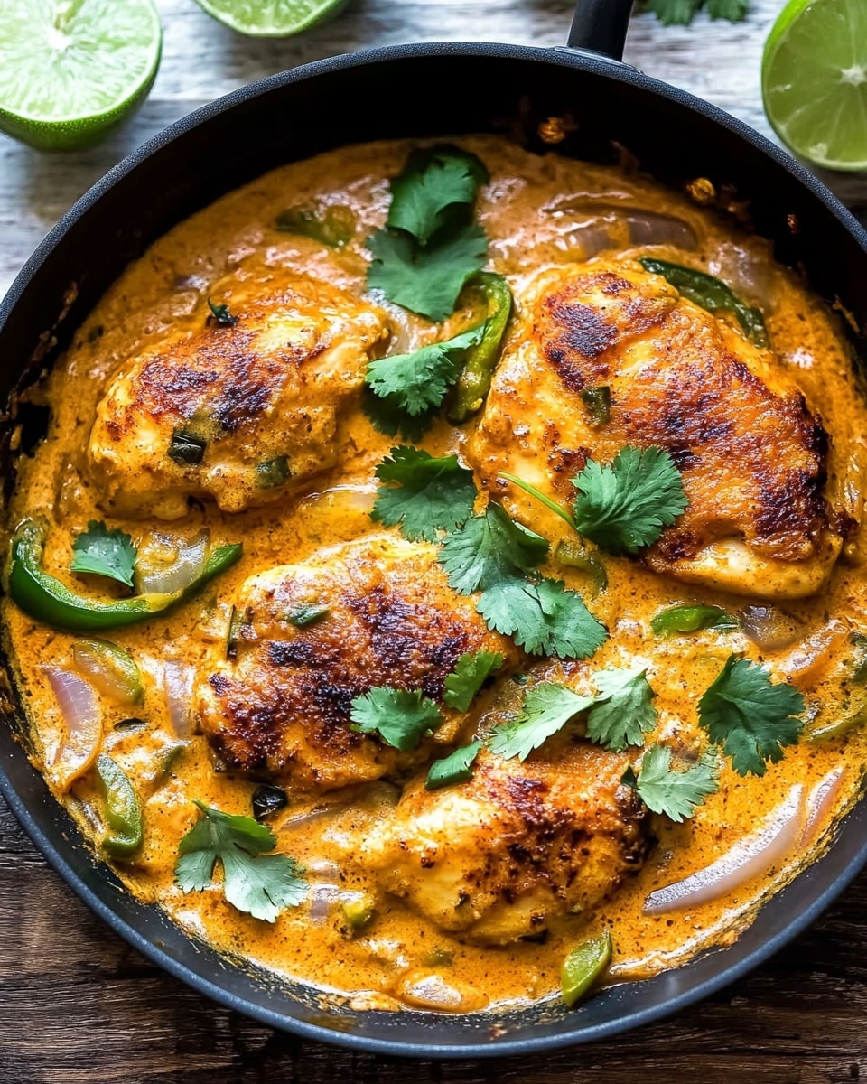 The image shows a black pan filled with a creamy orange sauce layered at the bottom, mixed with cooked onions and sliced green peppers. On top of the sauce, there are four golden-brown, crispy chicken pieces arranged close together. Fresh green cilantro leaves are scattered on top, adding a fresh touch. Around the pan, there are wedges of lime sitting on a wooden surface with a white marbled texture background barely visible. The sauce looks thick and bubbly near the edges, showing a rich texture. Photo taken with an iphone --ar 4:5 --v 6.1