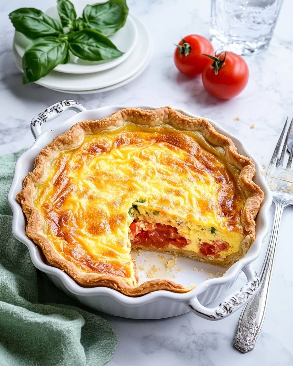 A round quiche with a golden brown baked crust sits in a white dish with handles. The top layer is melted cheese that is bubbly and slightly browned. A slice is removed from the quiche, revealing three layers underneath: a light yellow egg mixture on top, a red tomato layer with green bits in the middle, and a golden crust base. The dish is on a white marbled surface next to two silver forks and a crumpled green cloth napkin. In the background, a small white plate holds a red tomato with green leaves, and a clear glass of water with ice and a lemon slice sits nearby. Photo taken with an iphone --ar 4:5 --v 6.1