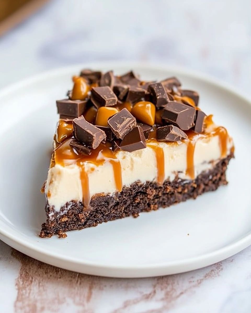 A single slice of dessert is placed on a white plate with a white marbled surface beneath. The bottom layer is dark, crumbly, and thick like a brownie crust. Above this is a thick cream-colored layer with a smooth and fluffy texture. The top is covered with small, chunky pieces of chocolate and caramel candy, drizzled with a shiny caramel sauce that glistens under the light. Photo taken with an iphone --ar 4:5 --v 6.1
