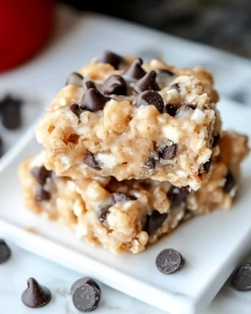 The image shows a close-up of several small, square-shaped treats made of light beige crispy cereal mixed with white marshmallows and topped with dark chocolate chips scattered across the surface. These treats are grouped on a white plate with a white marbled surface underneath. A woman's hand gently lifts one of the treats, showing its textured, bumpy surface with visible marshmallows and chocolate chips. The overall shape is square but slightly uneven due to the mix of ingredients. Photo taken with an iphone --ar 4:5 --v 6.1
