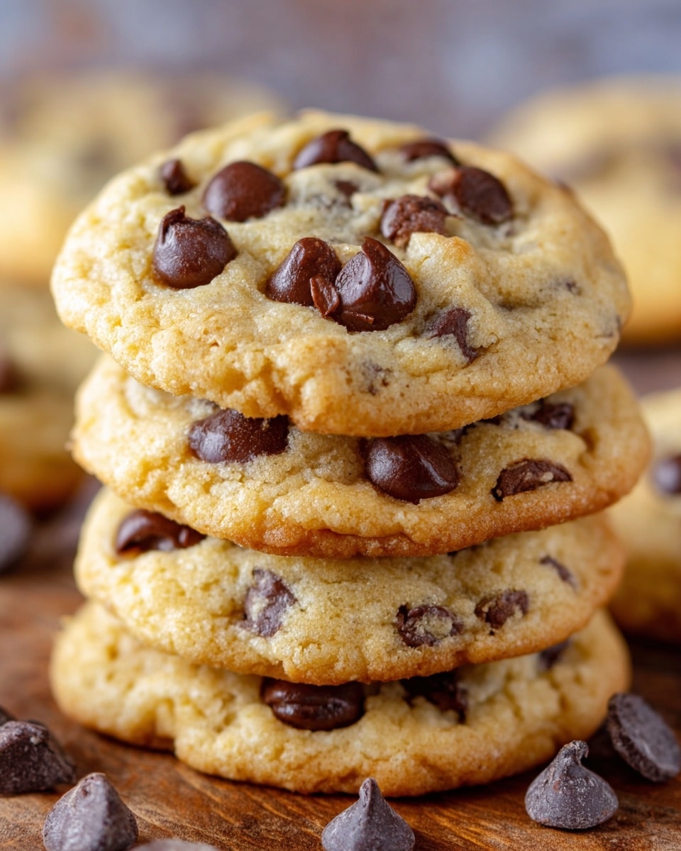 A stack of four round chocolate chip cookies with a light golden brown color and soft texture is shown close up. Each cookie is dotted with rich, dark chocolate chips that slightly melt on top and inside. The stack rests on a wooden surface with extra chocolate chips around it. The cookies have small cracks and a slightly uneven surface, showing a soft and chewy texture. photo taken with an iphone --ar 4:5 --v 7