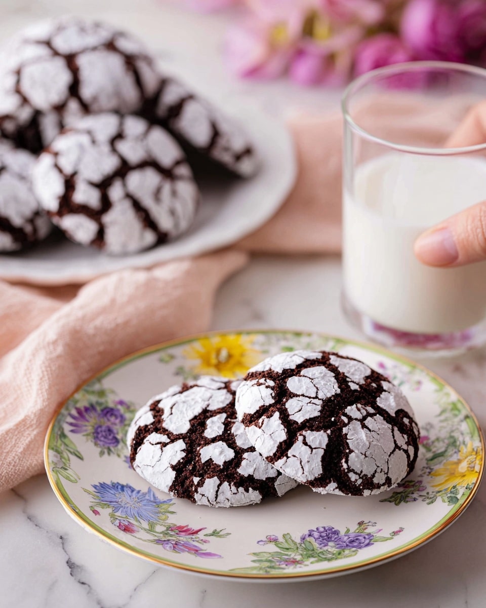 On a white round plate, there are two dark brown chocolate cookies covered with a cracked white powdered sugar layer on top, one whole cookie and one broken in half showing a soft, moist inside texture. Behind the plate is a large white bowl filled with more cookies of the same kind. To the right, there is a clear glass filled with white milk. The setup is placed on a floral patterned cloth with a soft focus on the background, all set on a white marbled surface. Photo taken with an iphone --ar 4:5 --v 7
