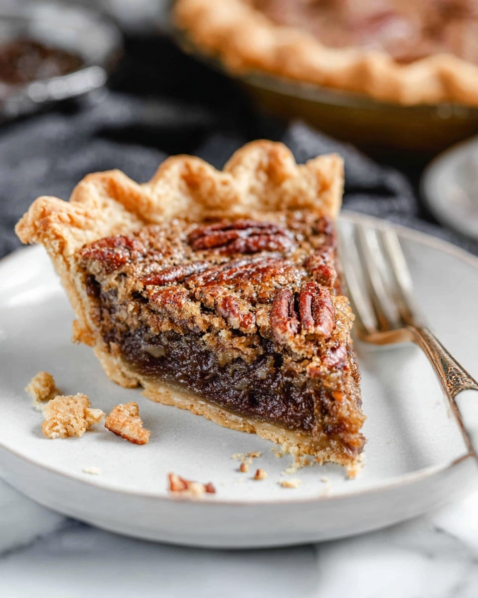 A slice of pecan pie is being lifted from a white pie dish with a metal spatula. The pie has three visible layers: a golden-brown flaky crust that is folded around the edge, a thick, sticky middle filling that is shiny and light brown, and a top layer covered with whole toasted pecans arranged closely together, showing a rich dark brown color with a textured surface. The background is a white marbled texture with some pecans scattered around. Photo taken with an iphone --ar 4:5 --v 7