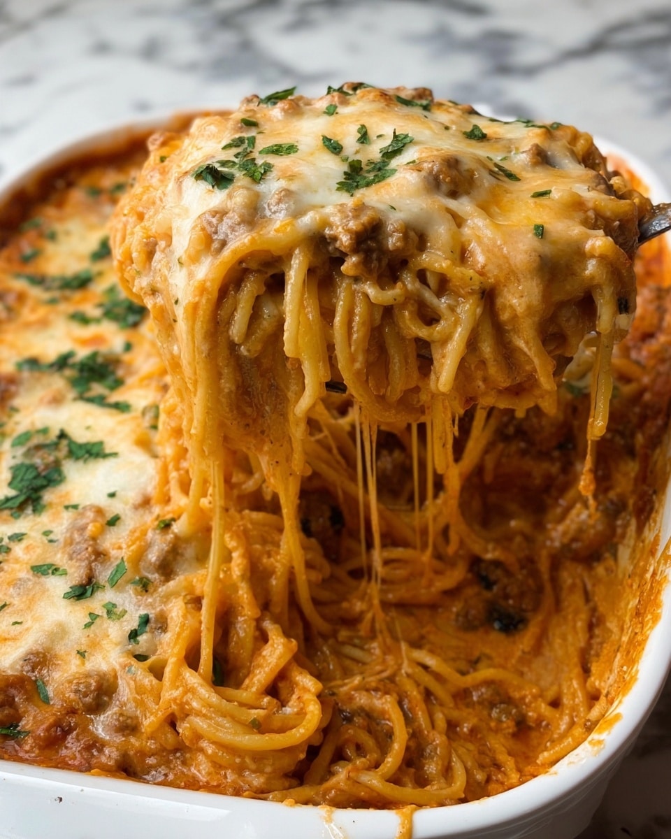The image shows a white baking dish filled with creamy baked spaghetti. The dish has three visible layers: the bottom layer is long spaghetti noodles mixed with a rich orange cream sauce that has bits of ground meat and small black olive pieces. Above it is a thick, saucy pasta layer with mozzarella cheese melted on top, browned slightly to a light golden-orange color. The top layer is sprinkled with fresh green chopped herbs evenly spread over the cheese. A portion of the pasta is scooped up, with strands of noodles falling back into the dish, showing the saucy texture clearly. The dish is placed on a white marbled surface. Photo taken with an iphone --ar 4:5 --v 7