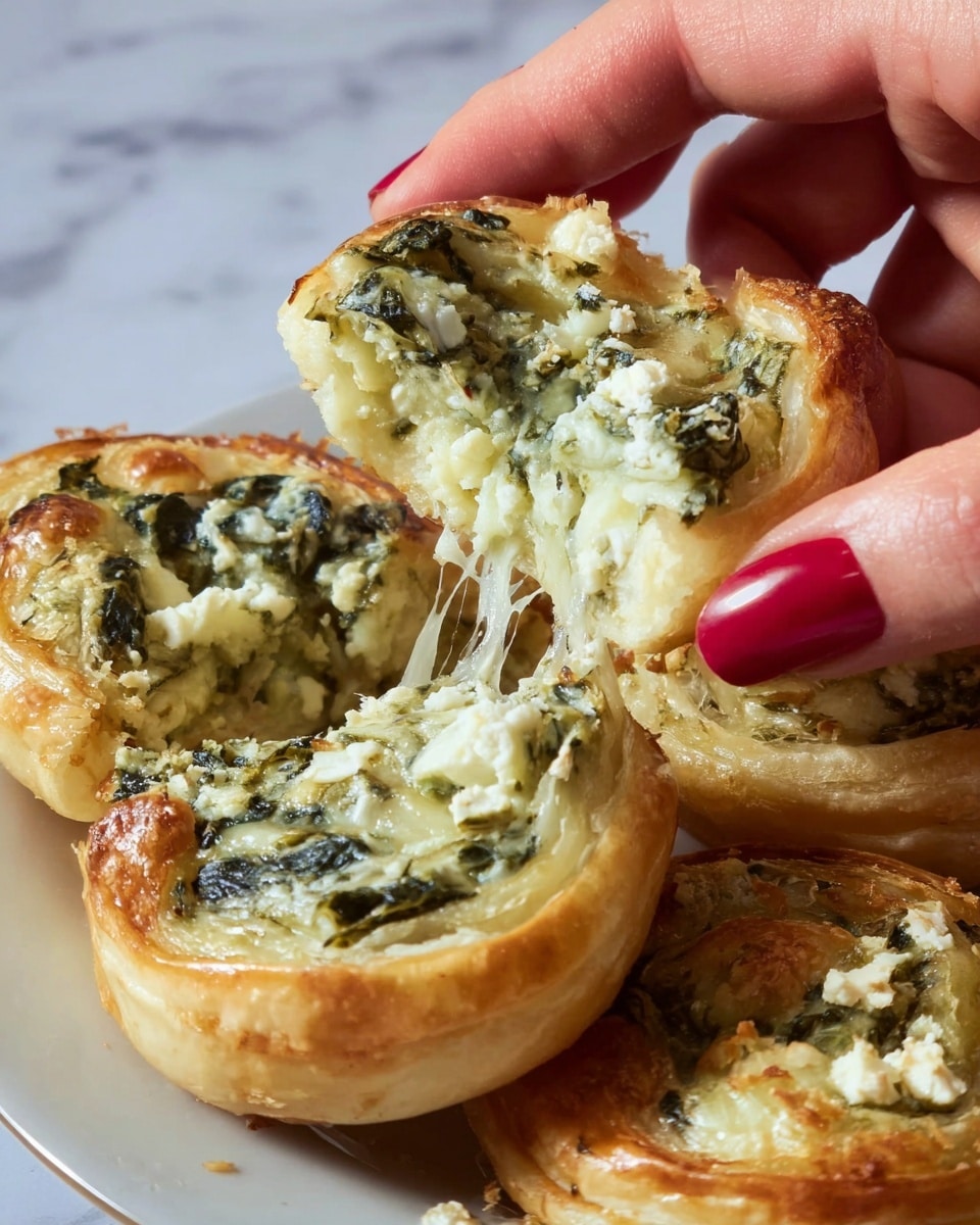 A pile of about a dozen spiral-shaped pastries rests on a white plate, each piece showing two main layers: a light golden flaky outer dough layer with slightly crispy edges, and a thick inner filling made from finely chopped dark green leafy vegetables mixed with soft white cheese. The filling is evenly spread within the spirals, contrasting well with the pale dough, and the pastries have a slightly shiny and baked look. The plate sits on a white marbled surface. photo taken with an iphone --ar 4:5 --v 7
