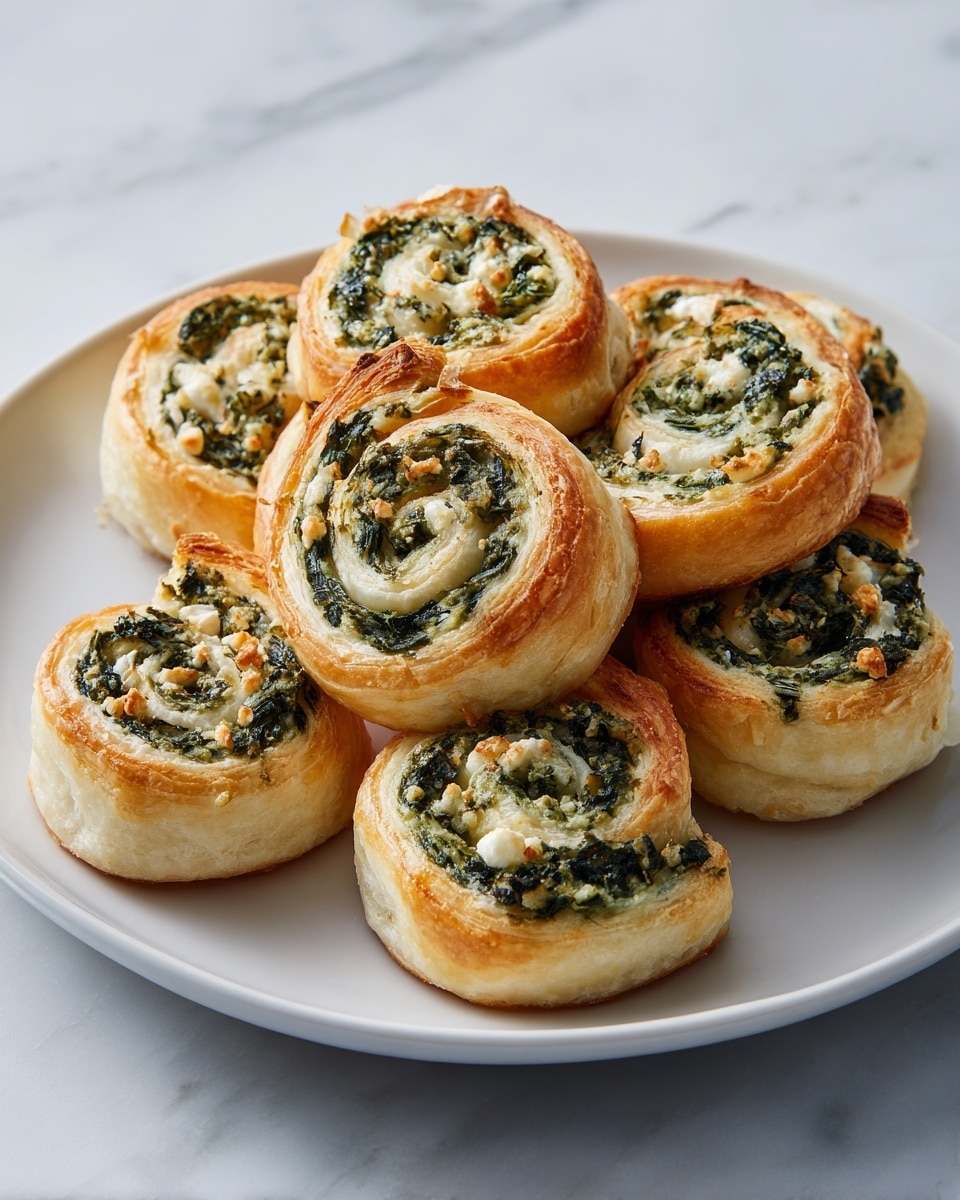 A woman’s hands with red nail polish are pulling apart a round, golden-brown pastry filled with creamy, green spinach and white cheese mixture. The inside shows melted cheese stretching between the two halves. Around the main pastry, more of these round pastries with similar green and white filling sit stacked on a clean white plate. The background shows a white marbled surface. photo taken with an iphone --ar 4:5 --v 7
