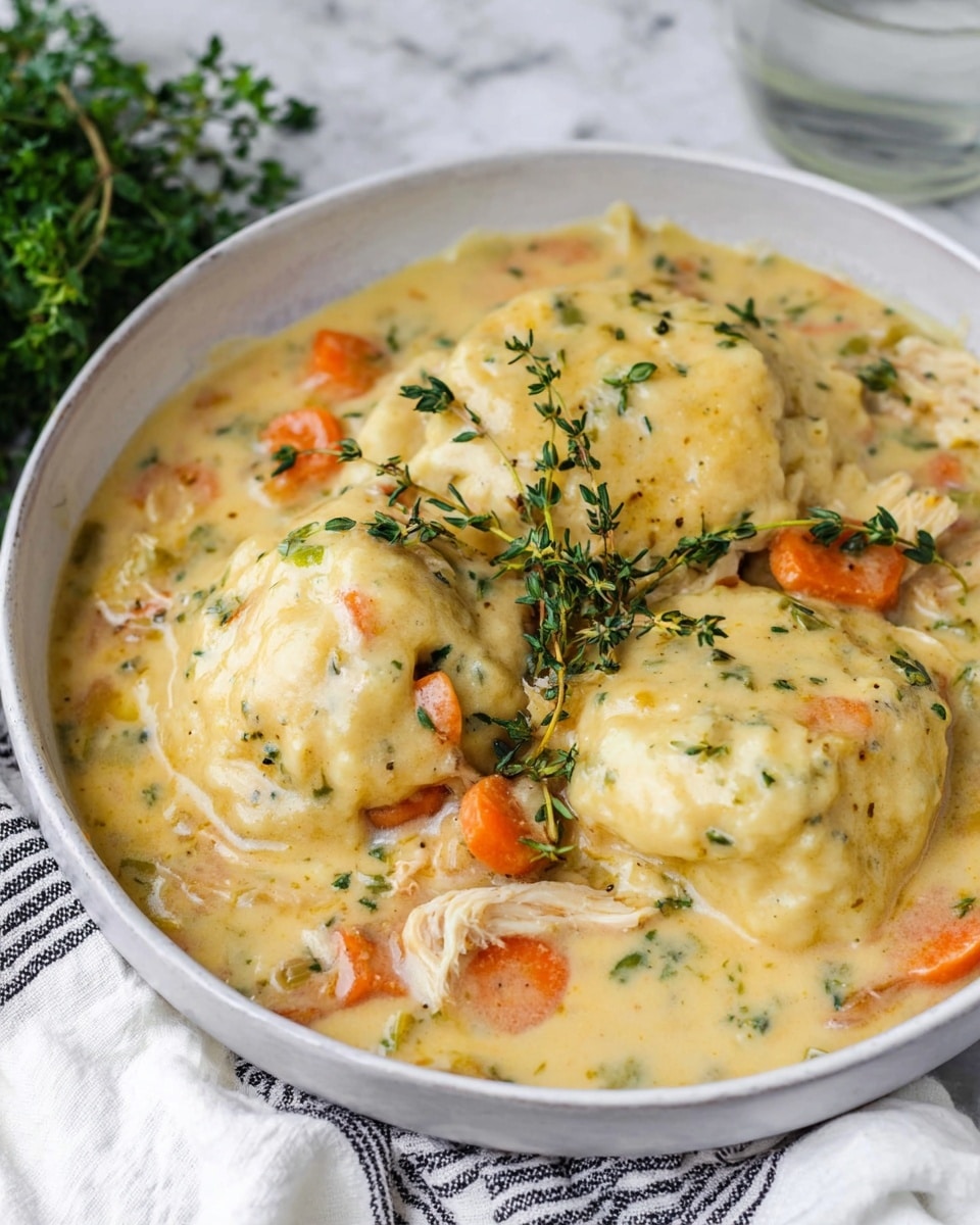 A shallow white bowl holds a creamy stew with three large pale golden dumplings partially submerged in thick, light beige sauce. Thin slices of orange carrot and light brown shredded meat are scattered throughout the dish. Bright green sprigs of fresh thyme decorate the top, adding color contrast. The bowl sits on a white marbled surface with a white cloth with dark stripes nearby. A glass of water and some green leafy herbs are blurred in the background. photo taken with an iphone --ar 4:5 --v 7