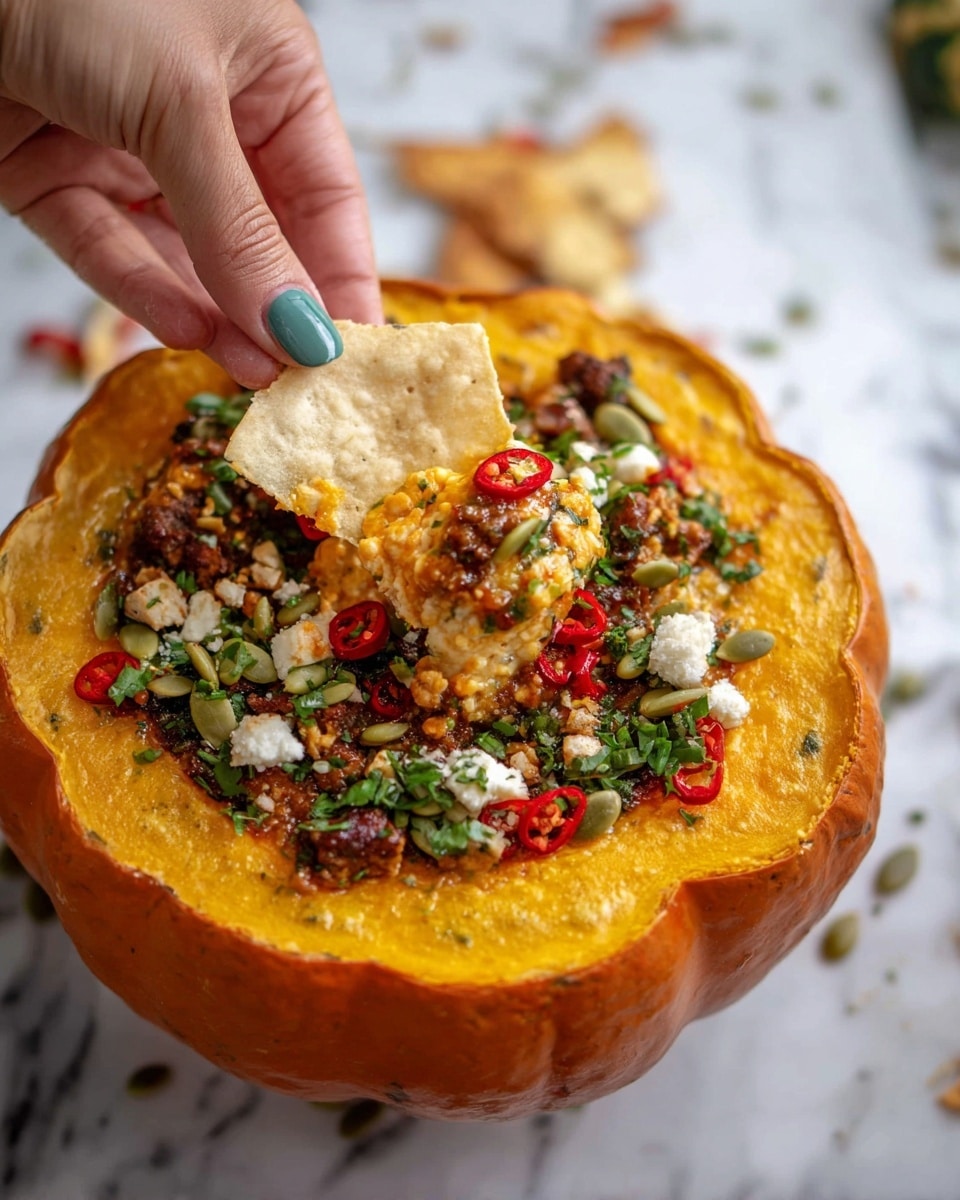 A thick round pumpkin shell filled with layers of mixed colors and textures: bright orange creamy dip on the base, topped with crumbled browned bits of cooked meat, scattered bright green fresh herbs, light green pumpkin seeds, small chopped white cheese, and thin red chili slices. A woman's hand is holding a light beige crispy chip dipped in the orange creamy dip with some brown meat and red chili on it. The pumpkin bowl is placed on a white marbled surface. Photo taken with an iphone --ar 4:5 --v 7
