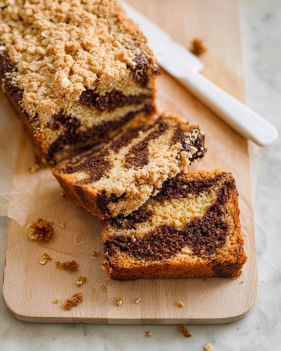 A slice of brown crumb cake with a crumbly light tan topping is placed on a white plate, showing a moist texture with darker swirls inside. A silver fork rests on the plate holding a small piece of the cake. Behind the plate, a wooden board holds the larger loaf with uneven edges and some crumbs scattered around it. To the left, a glass mug filled with light brown coffee or tea sits next to a beige cloth, all set on a white marbled surface. photo taken with an iphone --ar 4:5 --v 7