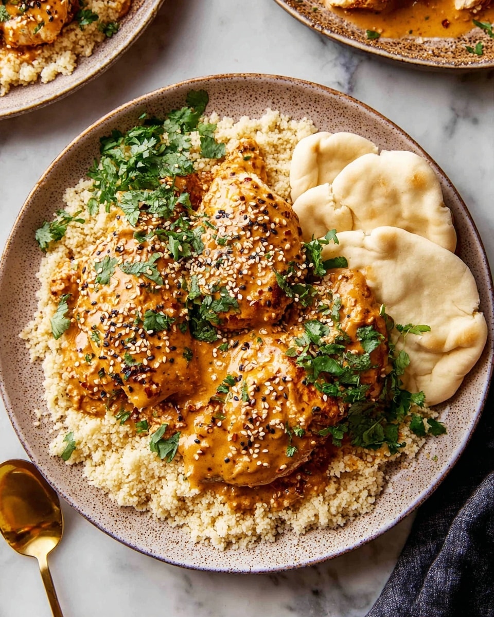 The dish has three main layers on a speckled light brown plate on a white marbled surface. The base layer is light beige couscous, looking soft and grainy, spread all over the plate. On top of the couscous, there are three medium-size pieces of golden-brown grilled chicken covered with a thick, creamy orange sauce sprinkled with sesame seeds. Fresh chopped green cilantro is scattered across the chicken and couscous, adding bright green color. On the side, there are two pieces of pale, fluffy flatbread that look warm and soft. In the background, part of another white plate with similar sauce and food is visible along with a gold spoon. Photo taken with an iphone --ar 4:5 --v 7