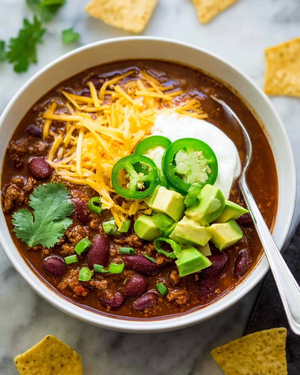 A white bowl filled with three layers of thick chili containing ground meat and red kidney beans in a rich brown sauce. On top, there are layers of bright yellow shredded cheddar cheese, light green chunks of avocado, white dollop of sour cream, three slices of fresh green jalapeño, chopped green onions, and a green cilantro leaf placed at the front. A metal spoon is resting inside the bowl on the right side. The bowl sits on a white marbled surface with a few yellow tortilla chips scattered around. Photo taken with an iphone --ar 4:5 --v 7