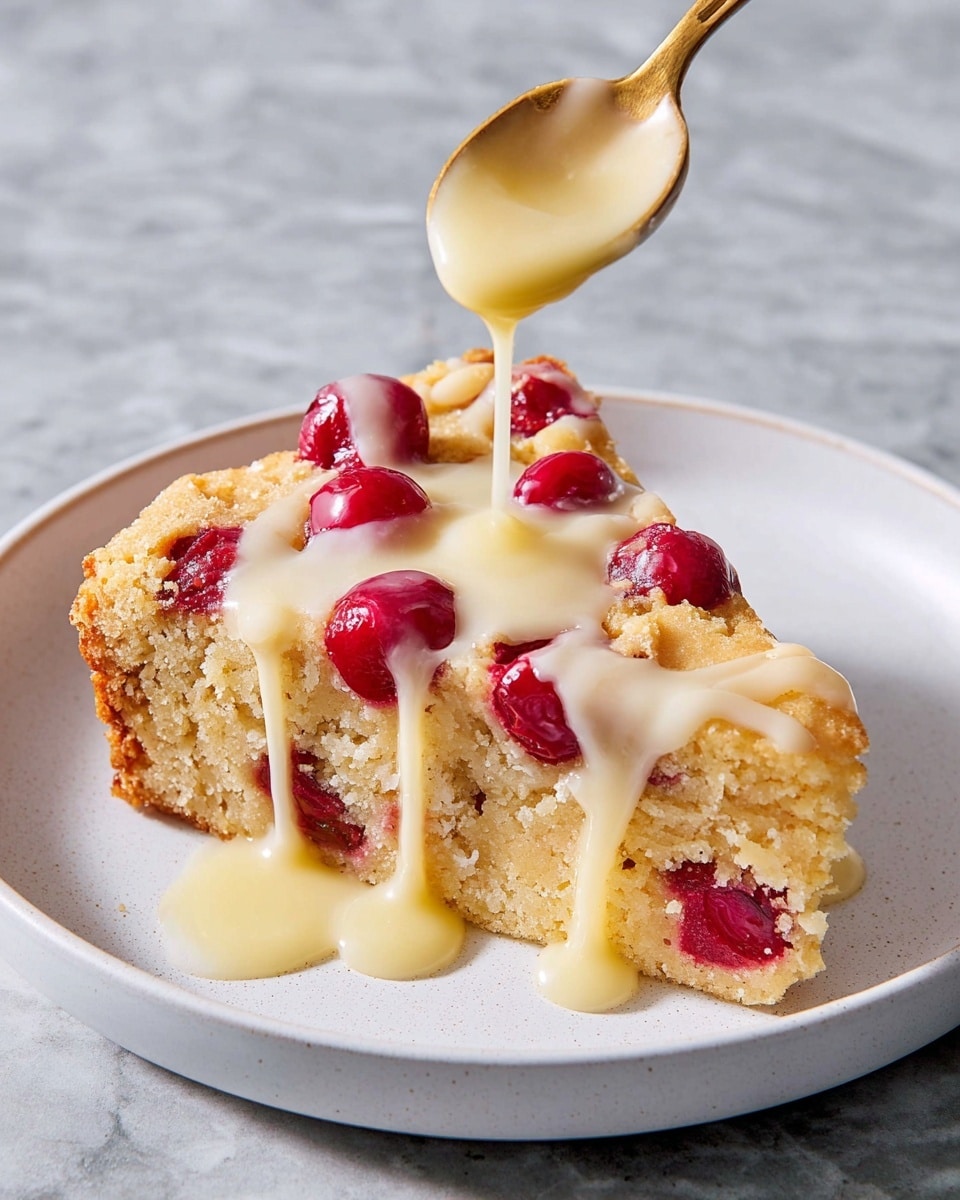 A square slice of light golden-brown cake with a soft, slightly crumbly texture sits on a white plate. Scattered on top and within the cake are several whole, bright red cherries, some slightly sunken in. A woman's hand is holding a gold spoon above the cake, pouring a smooth, pale yellow sauce that gently drips down the cake's surface. The background is a white marbled texture. photo taken with an iphone --ar 4:5 --v 7