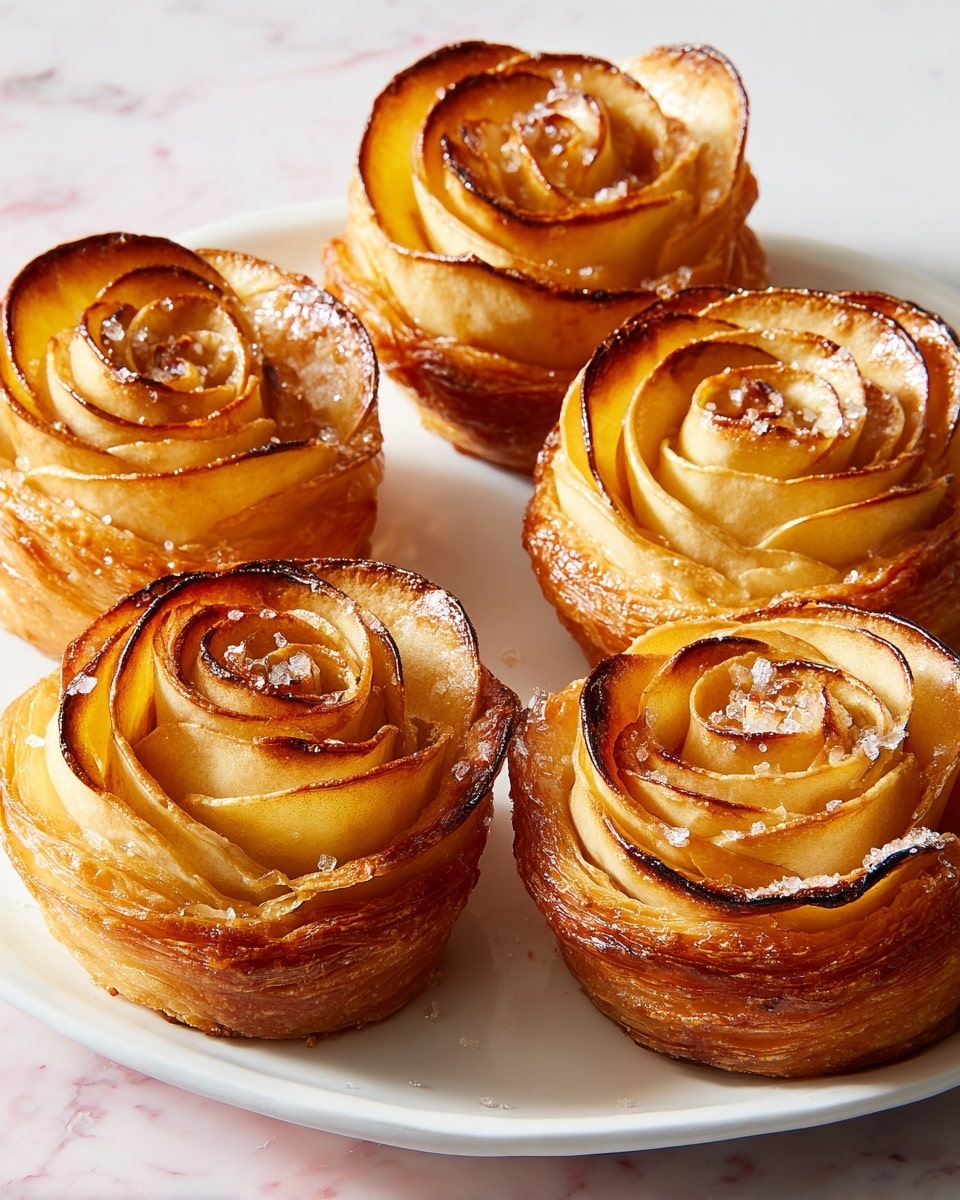 The image shows a white oval plate holding ten apple rose pastries. Each pastry is formed in a circular rose shape with thin, golden-brown apple slices curled tightly to form petals on top. The edges of the petals have a slightly darker, caramelized hue while the centers are lighter golden yellow. The base is made of flaky, layered pastry that is light golden brown and slightly crispy in texture. The pastries are evenly placed on the plate, which sits on a white marbled surface. Photo taken with an iphone --ar 4:5 --v 7
