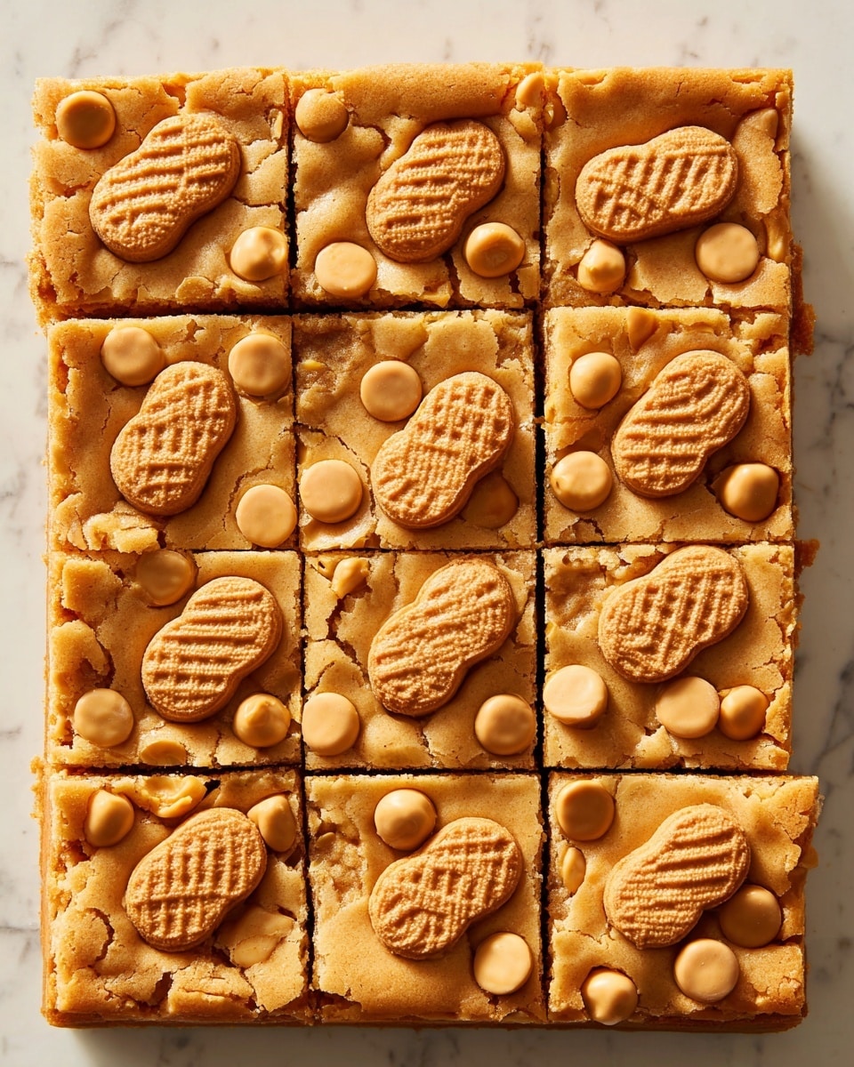 A square dessert is shown, arranged in a 3 by 4 grid of twelve equal pieces. The top layer is light golden brown with a soft, slightly textured surface featuring embedded peanut-shaped cookies that are a darker golden brown with a crisscross pattern. Smaller round cookie pieces are scattered across the top, adding contrast in size and shape. The dessert appears thick and slightly soft around the edges, resting on a white marbled surface. The photo was taken with an iphone --ar 4:5 --v 7