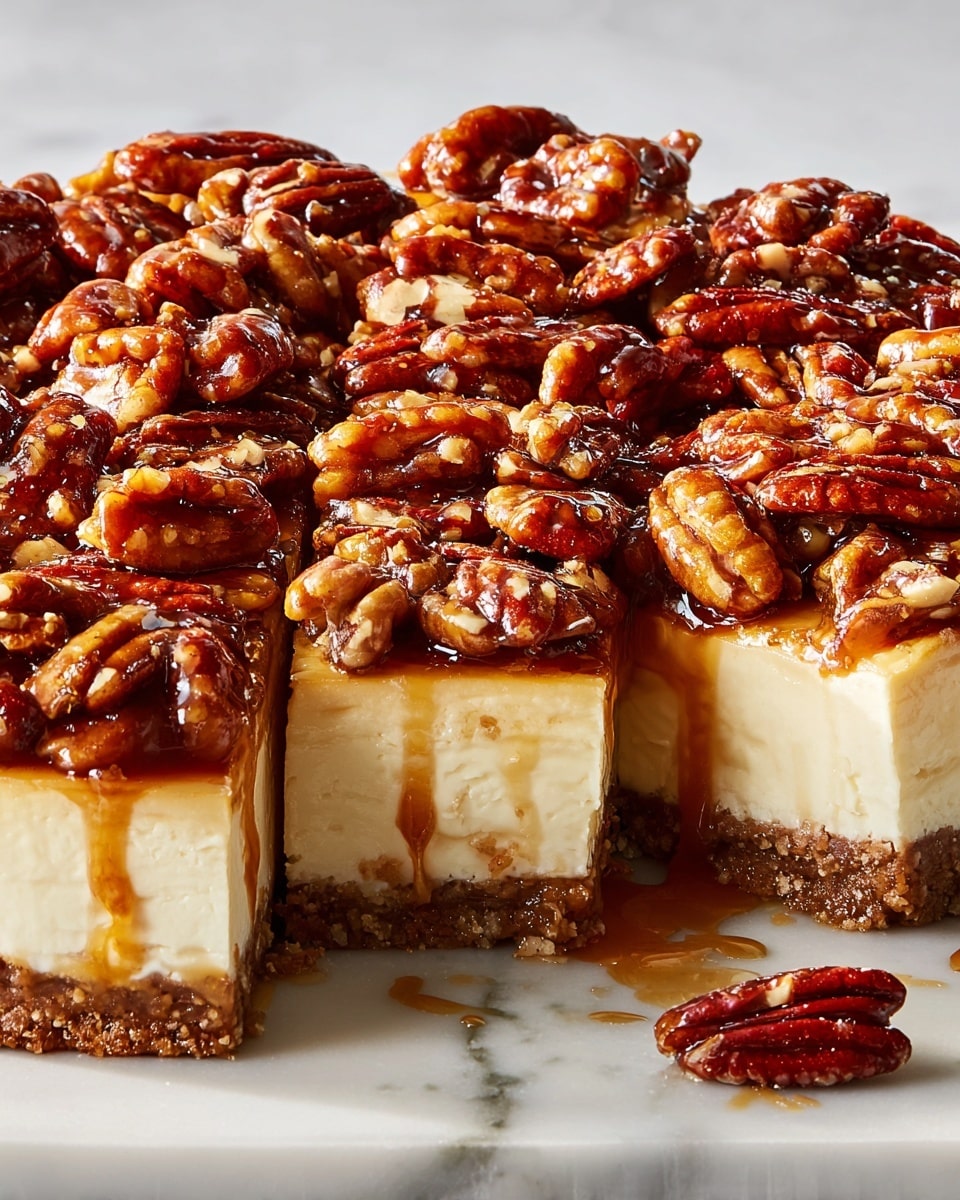 A close-up view of a dessert with three distinct layers on a white marbled surface: the bottom layer is a thin, crumbly brown crust, the middle layer is a thick, smooth, creamy off-white cheesecake, and the top layer is a generous pile of glossy, caramel-coated pecan halves that cover the entire surface, some caramel dripping down the sides, giving the dessert a rich, sticky look, photo taken with an iphone --ar 4:5 --v 7