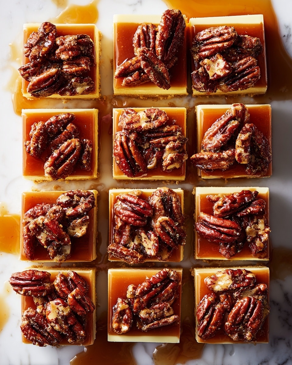 The image shows a close-up view of a pecan pie in a silver foil tray. The pie has three visible layers: a crumbly golden-brown crust forming the base and edges around the pie, a smooth beige filling layer beneath, and a thick, shiny caramel layer on top covered with whole glossy pecans. The caramel gives a rich, sticky look with the pecans arranged unevenly, creating a textured surface. The whole scene rests on a white marbled surface. photo taken with an iphone --ar 4:5 --v 7