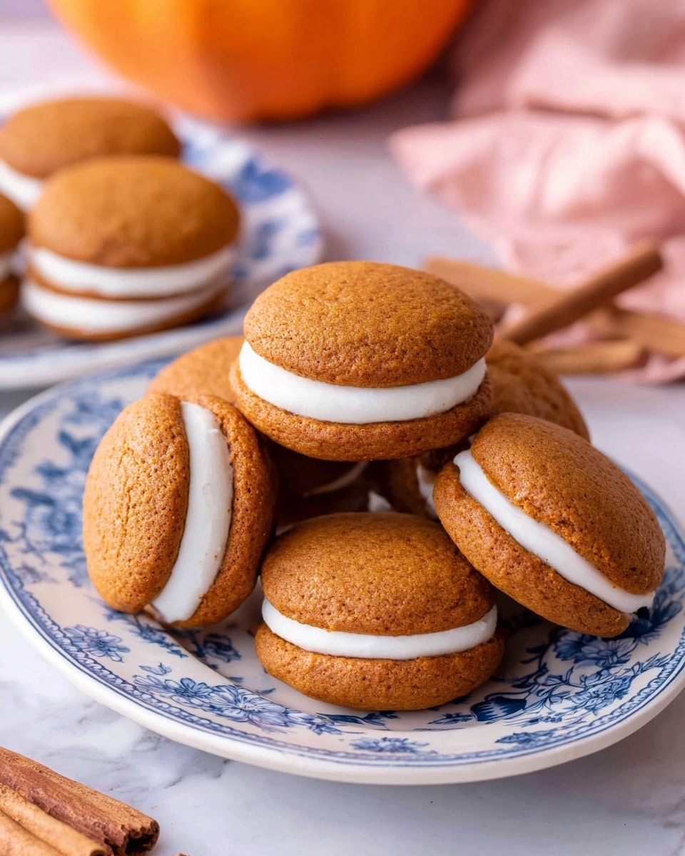 A white oval plate with blue floral patterns holds six sandwich cookies, each with two soft brown cookie layers and a thick white creamy filling in the middle. The cookies have a smooth texture with tiny cracks on the tops. They are stacked close together in a cozy arrangement. In the background, a white marbled surface shows an out-of-focus orange pumpkin and another cookie on a similar white plate with blue patterns, along with a pink cloth and cinnamon sticks nearby. The image is warm and inviting, showing the cookies as soft and fresh. photo taken with an iphone --ar 4:5 --v 7