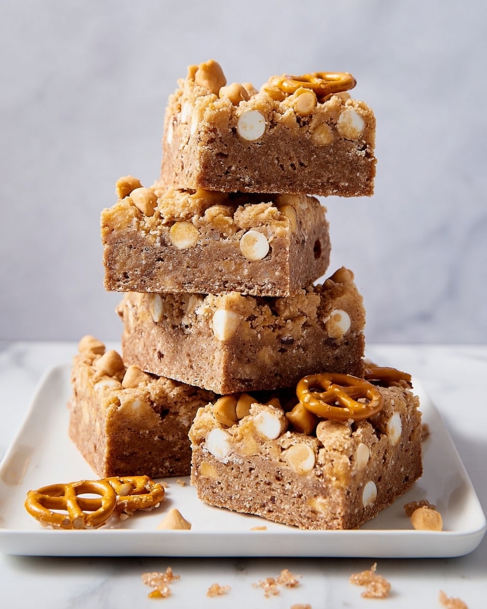 The image shows a stack of five thick square bars on a white square plate. Each bar has a light brown color with a dense, crumbly texture and is filled with small round white pieces and butterscotch chips. The top layer of each bar is decorated with golden brown small pretzels and butterscotch chips. A few broken pieces and crumbs are scattered around the base on the plate. The plate rests on a white marbled surface with a simple light gray background. photo taken with an iphone --ar 4:5 --v 7