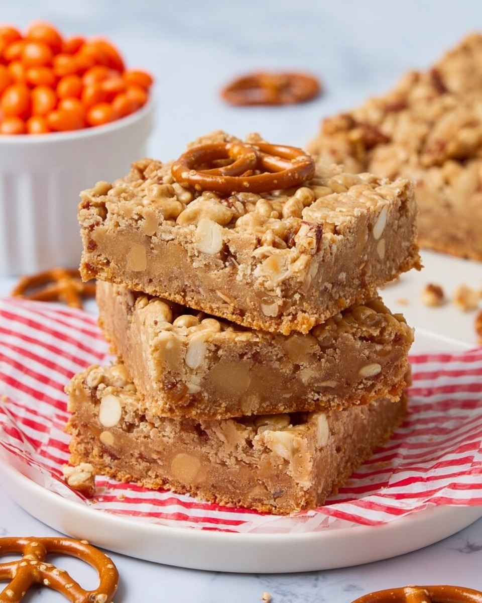 Three square bars stacked on a white plate lined with red and white striped paper, each bar showing a rough, crumbly texture mixed with pretzel pieces. The bars have a light brown, golden color with crunchy bits and broken pretzels embedded throughout. The top bar has full pretzels visible on the surface, adding contrast with their glossy, twisted shapes. The background shows a white marbled surface, with some scattered pretzels and a small white bowl filled with orange candy pieces nearby. Photo taken with an iphone --ar 4:5 --v 7
