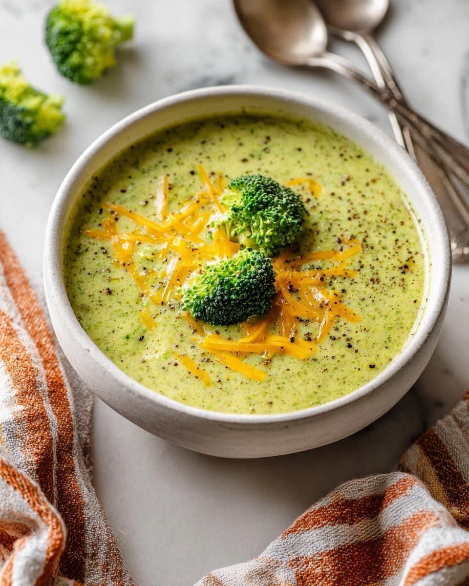 A white bowl filled with creamy green broccoli soup speckled with black pepper. The soup has three small bright green broccoli florets on top, along with a layer of thin, yellow shredded cheese scattered over the surface. The bowl rests on a white marbled surface next to two silver spoons and a small piece of orange and white striped cloth cloth in the background. A few loose broccoli florets sit nearby. photo taken with an iphone --ar 4:5 --v 7