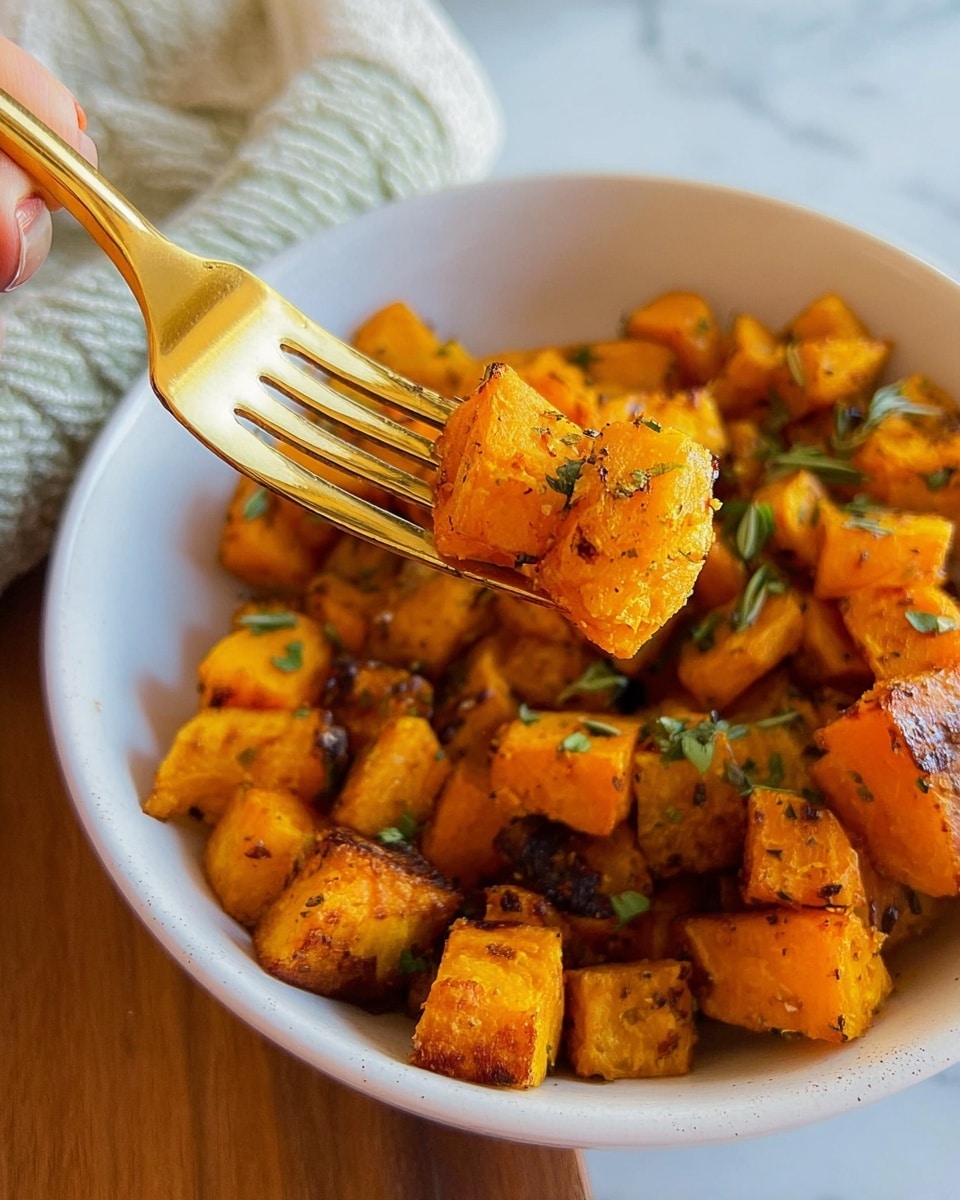 A close-up shows a white bowl filled with small cubes of roasted sweet potatoes that are golden orange with some crispy browned edges. The cubes have a lightly seasoned look with flecks of green herbs sprinkled on top for color contrast. A gold-colored fork is lifted above the bowl, holding a few cubes with a textured, slightly charred surface. The bowl is placed on a white marbled background, and a woman's hand is just visible holding the fork. photo taken with an iphone --ar 4:5 --v 7