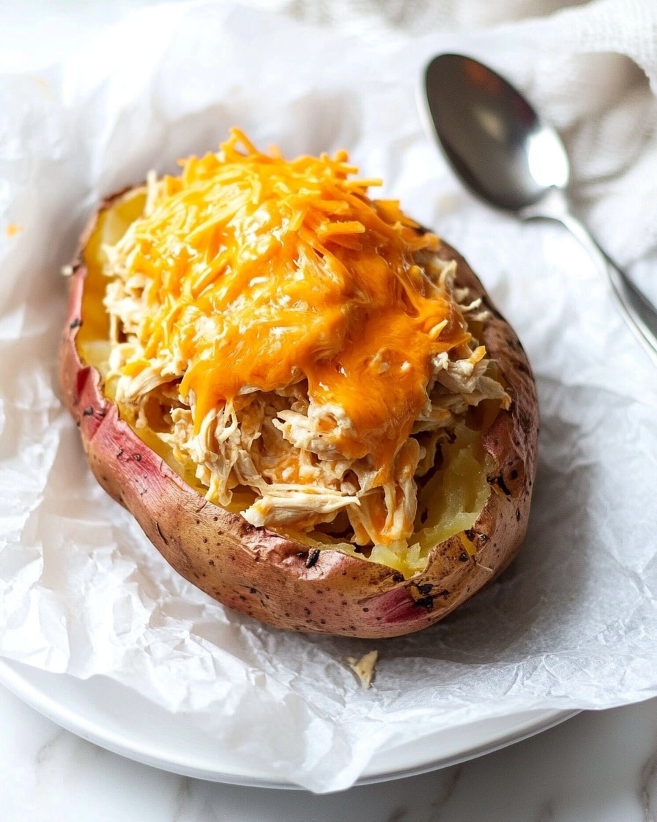 A baked potato with a rough, brown skin forms the base layer, placed inside white paper lining a white bowl. On top of the potato is a thick, generous layer of shredded chicken, pale beige in color with a soft texture. The chicken is covered with melted cheddar cheese that is bright orange, gooey, and drips slightly down the sides of the chicken and potato. In the background, there is a soft, white marbled surface with a white cloth partially visible. A silver spoon rests beside the potato inside the bowl. Photo taken with an iphone --ar 4:5 --v 6.1