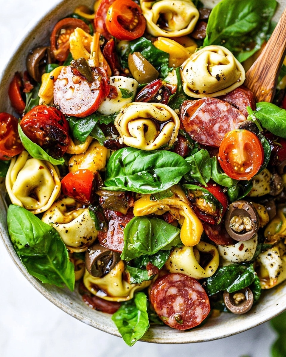 A large white oval plate full of tortellini pasta, bright green spinach leaves, sliced cherry tomatoes in red and yellow, dark purple olive halves, thin strips of reddish-brown sausage, small white mozzarella balls, and fresh green basil leaves scattered on top. There are also small brown toasted almond slivers sprinkled around. A wooden spoon is partly under the salad on the right side, and a black fork is on the left side of the plate. The plate is on a white marbled surface with a striped cloth next to it and a glass jar with dark liquid near the top right. Some green basil leaves are near the top center, slightly out of focus. photo taken with an iphone --ar 4:5 --v 6.1