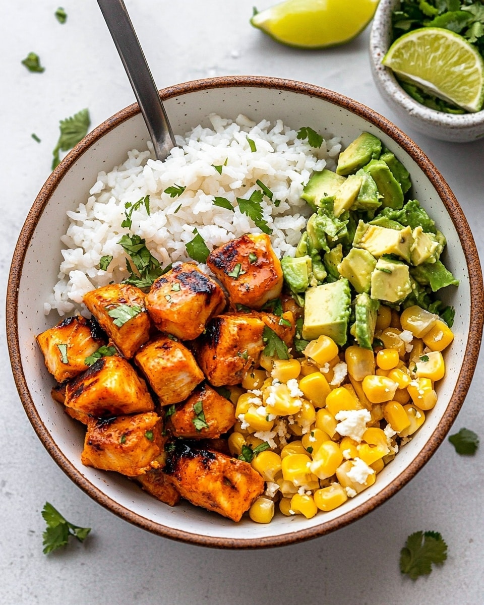 A round white bowl filled with three main layers: on the left side is a pile of fluffy white rice with a few small green leaves on top; the top right side has orange-colored chunks of fish or chicken coated in a glossy sauce with small green herbs sprinkled on them; the bottom right holds a mix of yellow grilled corn pieces, light green avocado cubes, and white crumbled cheese, all mixed together with little bits of green herbs. A metal spoon rests inside the bowl, near the rice layer. Beside the bowl, there is a small bowl with lime wedges and some fresh green leaves on a white marbled surface. Photo taken with an iphone --ar 4:5 --v 6.1