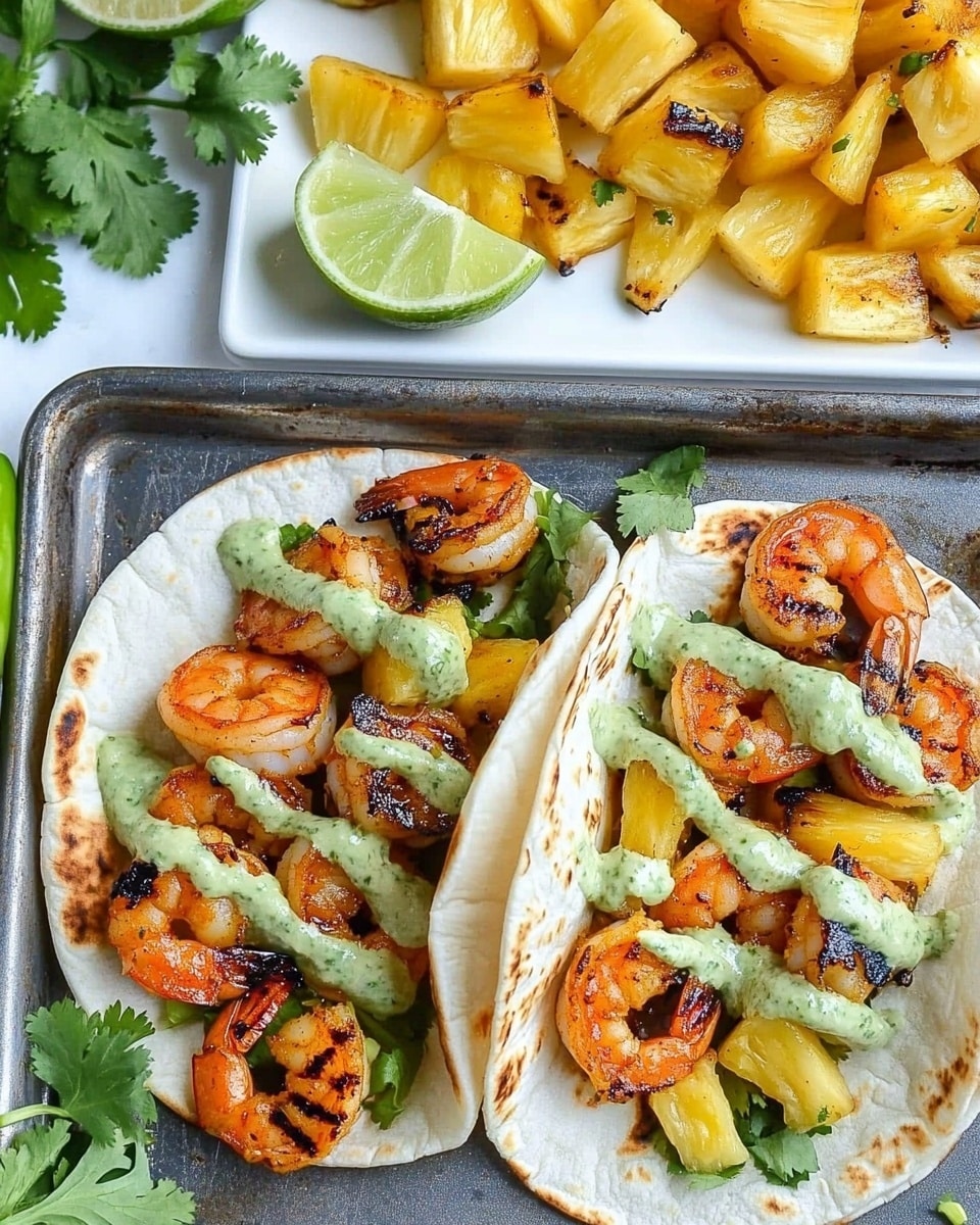 The image shows two soft white tortillas each filled with orange-brown grilled shrimp, yellow grilled pineapple chunks, and some green cilantro leaves on top. The tacos are drizzled with light green sauce in a zigzag pattern. Above the tacos, there is a metal tray with more grilled shrimp, grilled pineapple pieces, and long green chili peppers. To the left of the tacos, there is a white plate filled with bright yellow pineapple chunks and a half lime with a green inside. The background surface is white marbled with some loose cilantro leaves and a half lime cut visible nearby. Photo taken with an iphone --ar 4:5 --v 6.1