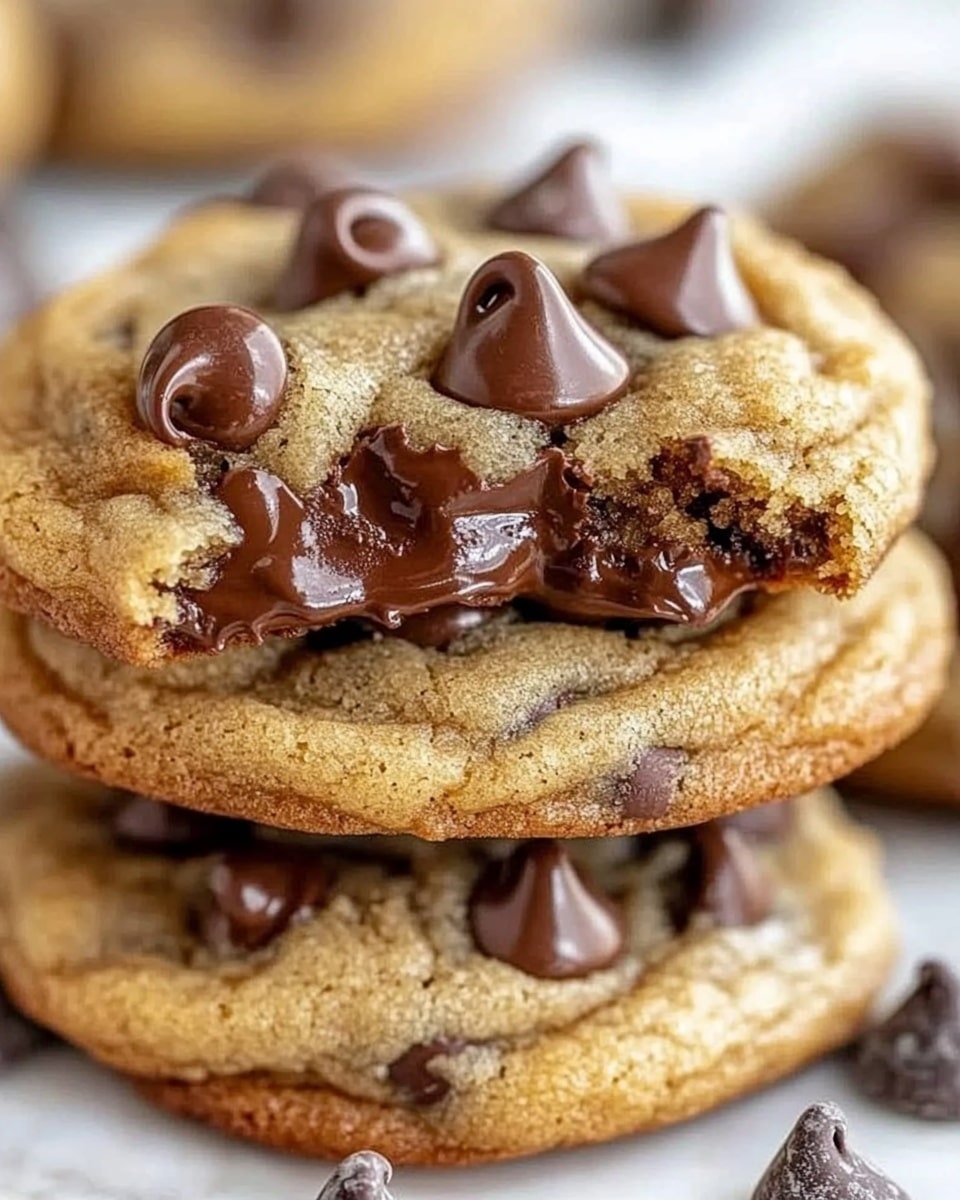 A close-up view of three stacked chocolate chip cookies on a white marbled surface. The top cookie is golden brown with a soft, slightly textured surface and is filled with many large, dark brown melted chocolate chips that appear shiny and smooth, some of them oozing over the cookie edges. The second and third cookies beneath also show scattered chocolate chips and a similar soft texture. In the blurred background, more cookies and some chocolate chips are visible, giving a cozy and fresh-baked feel. photo taken with an iphone --ar 4:5 --v 6.1