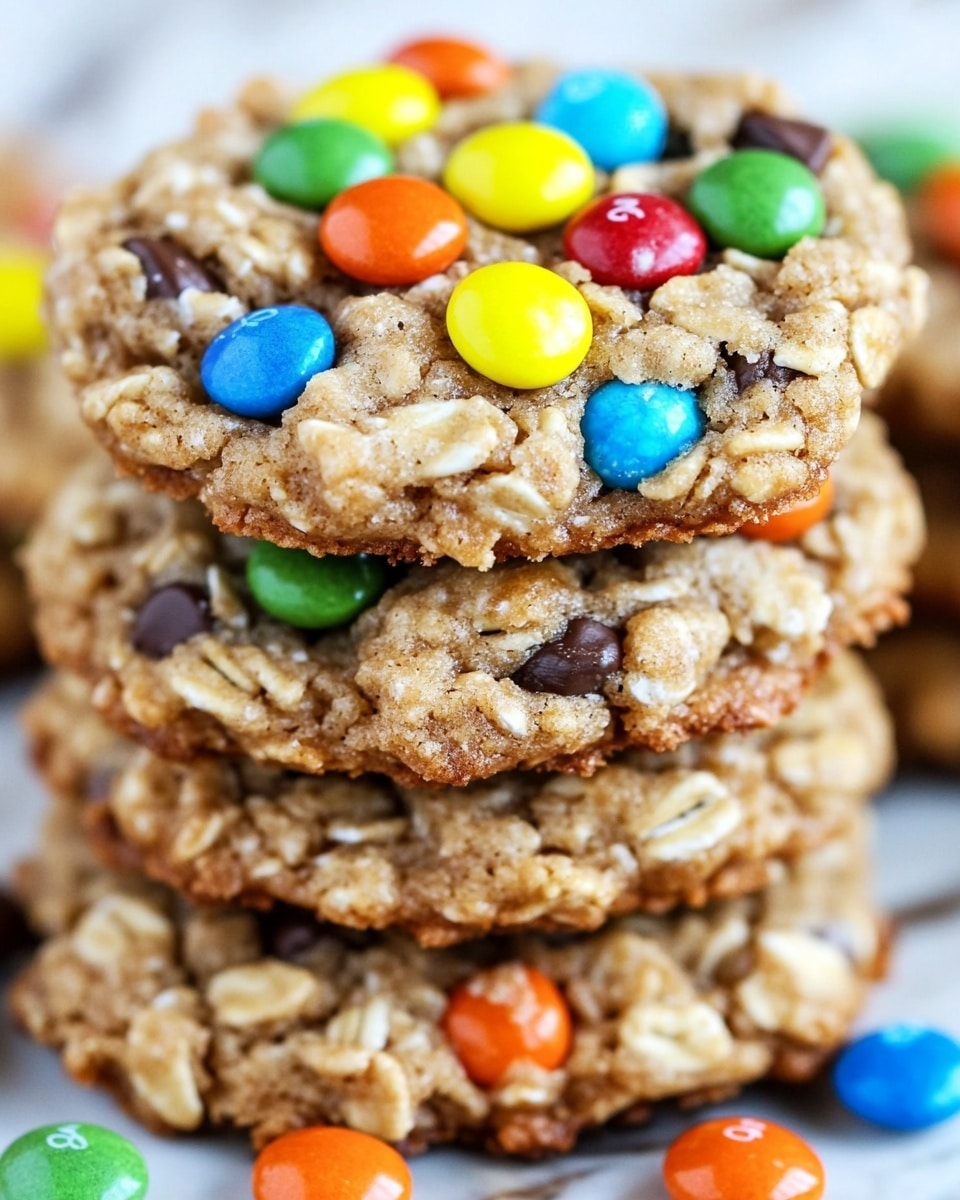 The image shows a close-up of many round oatmeal cookies stacked closely together on a white marbled surface. The cookies have a rough, crumbly texture with visible oats. Some cookies are topped with colorful candy-coated chocolate pieces in blue, yellow, red, and green, while others have dark brown chocolate chips. The cookies vary slightly in size but are generally thick and look soft. The overall color palette is warm with golden brown cookies and bright candy colors. photo taken with an iphone --ar 4:5 --v 6.1