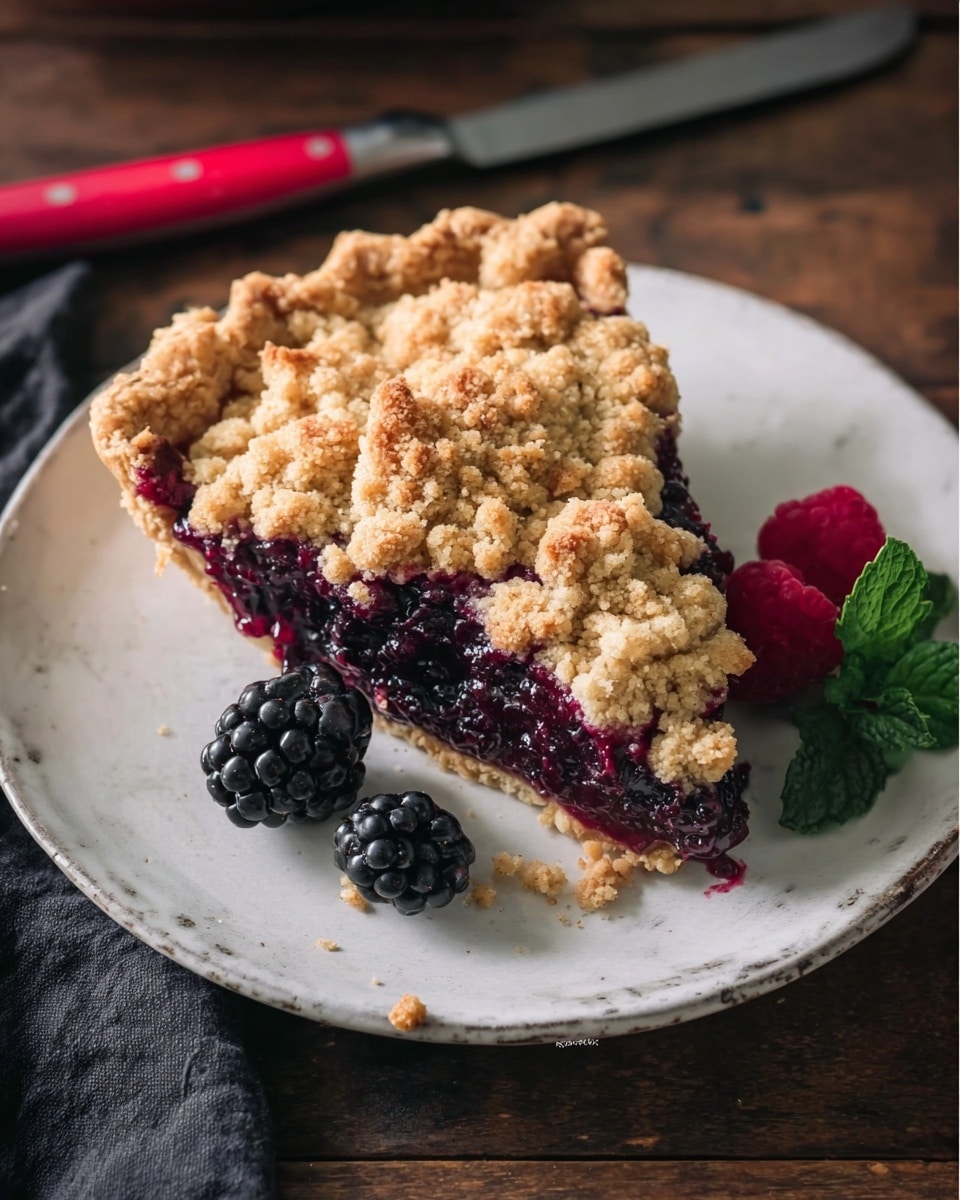 A round pie in a scalloped white ceramic dish sits on a dark wooden table with a white marbled texture in the background. The pie has a golden, crumbly streusel topping filled with dark, glossy berry filling that seeps slightly over the edges. The crust is light golden brown with a slightly uneven edge that cradles the crumb layer on top. Small berries, both black and red, are placed around the pie for decoration. A gray linen napkin is partially visible beside the pie. Photo taken with an iphone --ar 4:5 --v 7