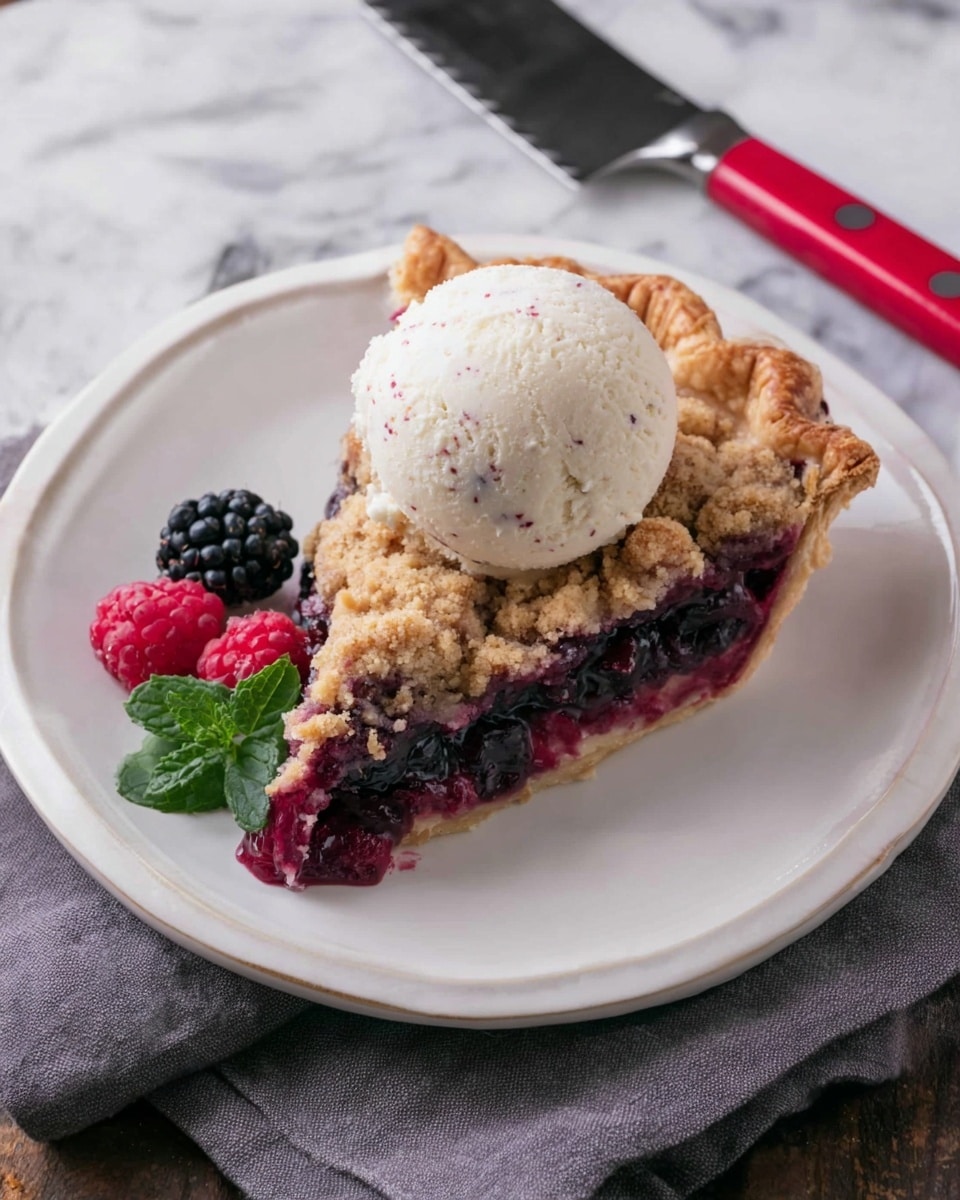 A single slice of berry crumble pie sits on a white plate, featuring three visible layers: a golden-brown flaky crust at the bottom, a thick, deep purple berry filling in the middle, and a crumbly, light brown streusel topping. On top of the pie slice, there is a large, smooth scoop of vanilla ice cream with tiny vanilla bean specks. Next to the pie slice, the plate holds fresh berries including a red raspberry and two blackberries, accented by a small green mint leaf. The scene is set on a white marbled surface with a gray napkin nearby and a red-handled knife to the right. Photo taken with an iphone --ar 4:5 --v 7